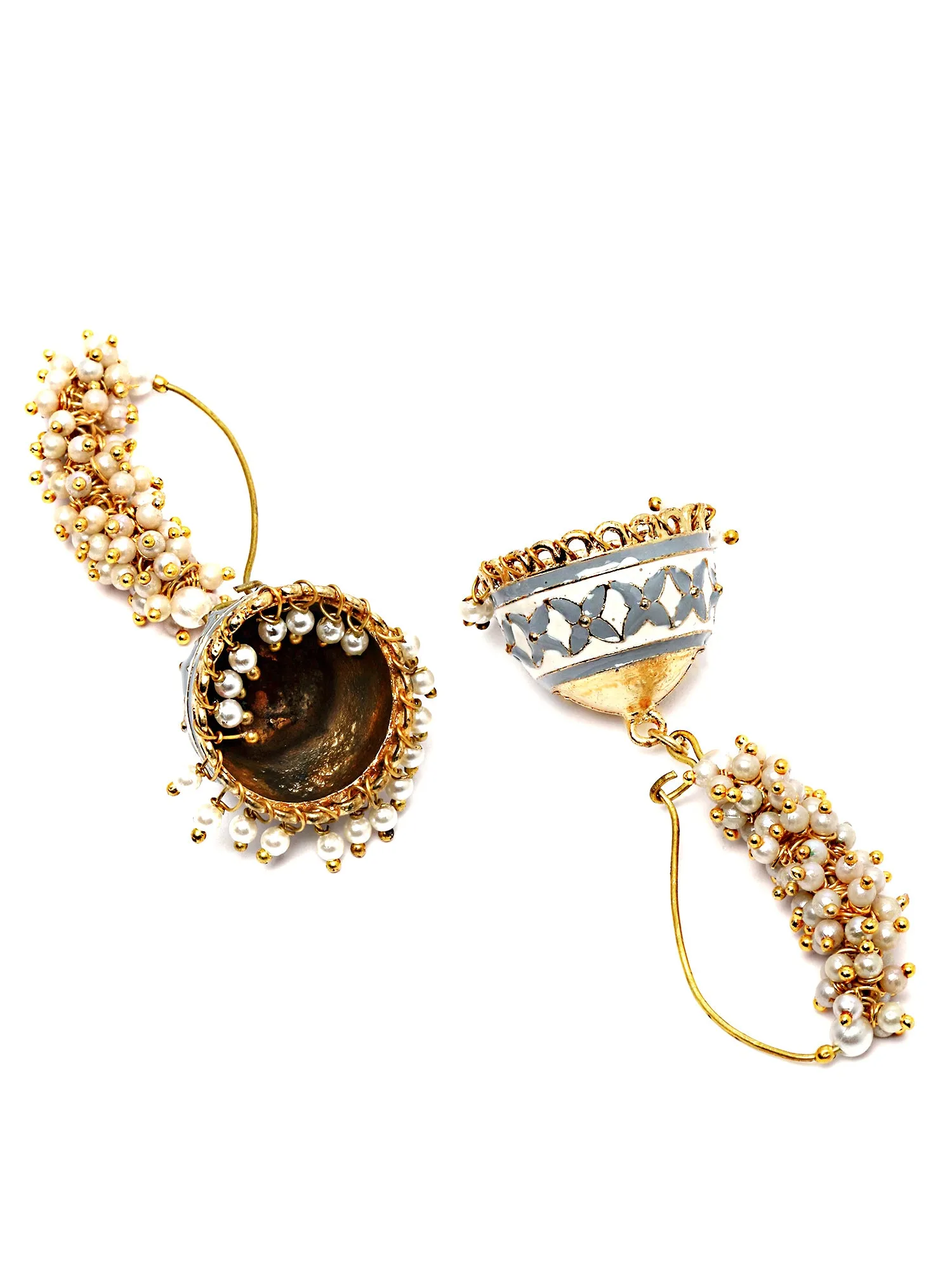 Karatcart Gold Plated Grey Meena Pearl Studded Kundan Jhumki Earrings for Women