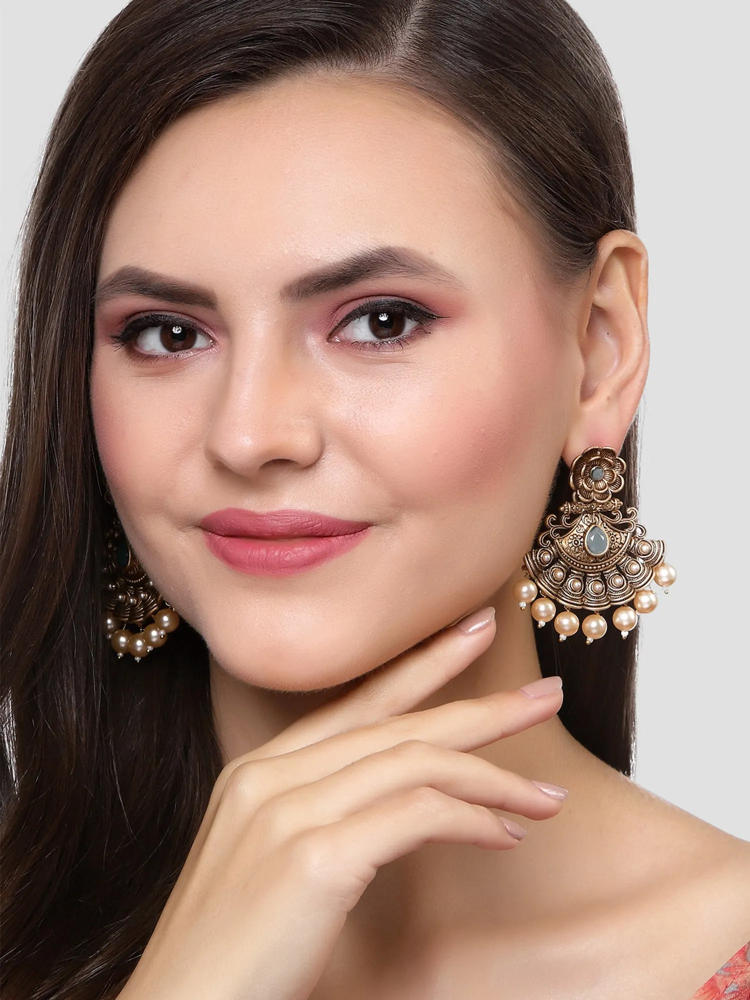 Karatcart Gold Plated Grey Stone and Pearl Studded Dangler Earrings for Women