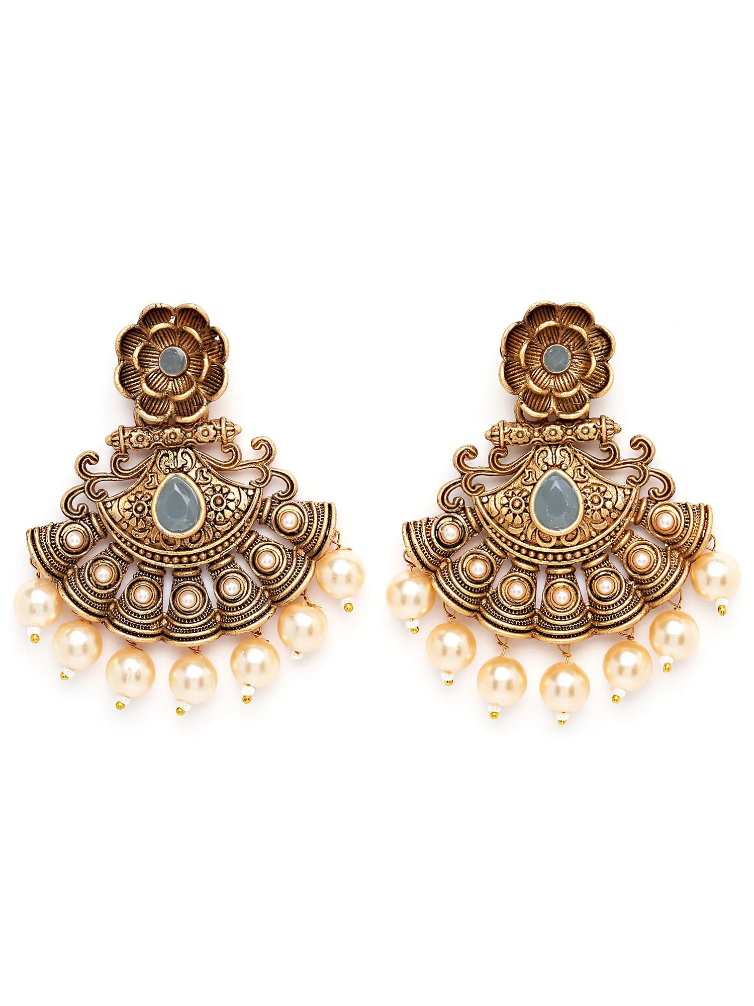 Karatcart Gold Plated Grey Stone and Pearl Studded Dangler Earrings for Women