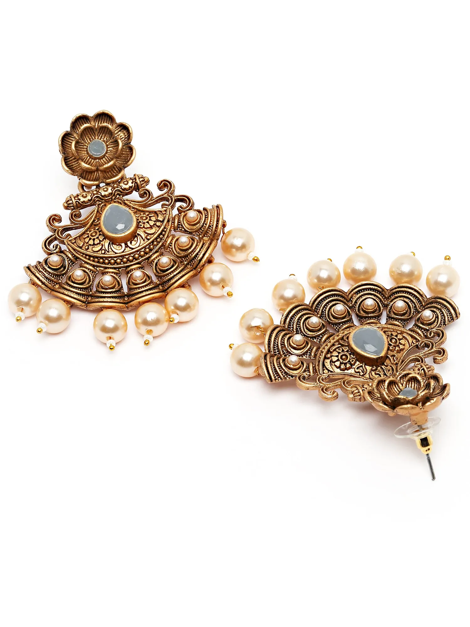 Karatcart Gold Plated Grey Stone and Pearl Studded Dangler Earrings for Women