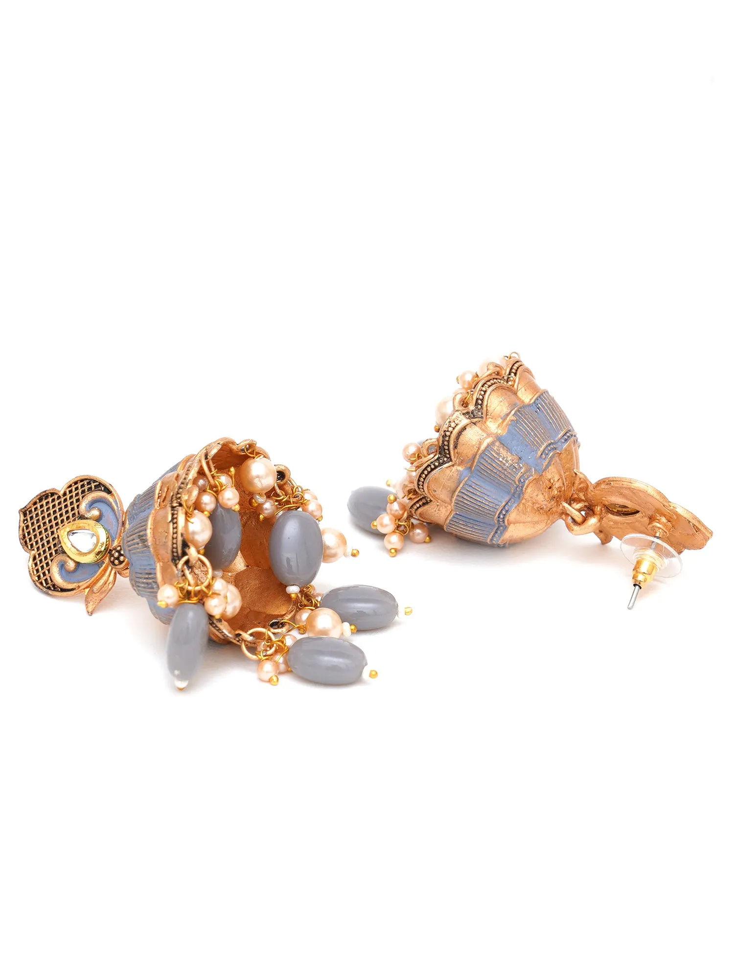 Karatcart Gold Plated Grey Tumble and Golden Pearl Studded Jhumki Earrings for Women