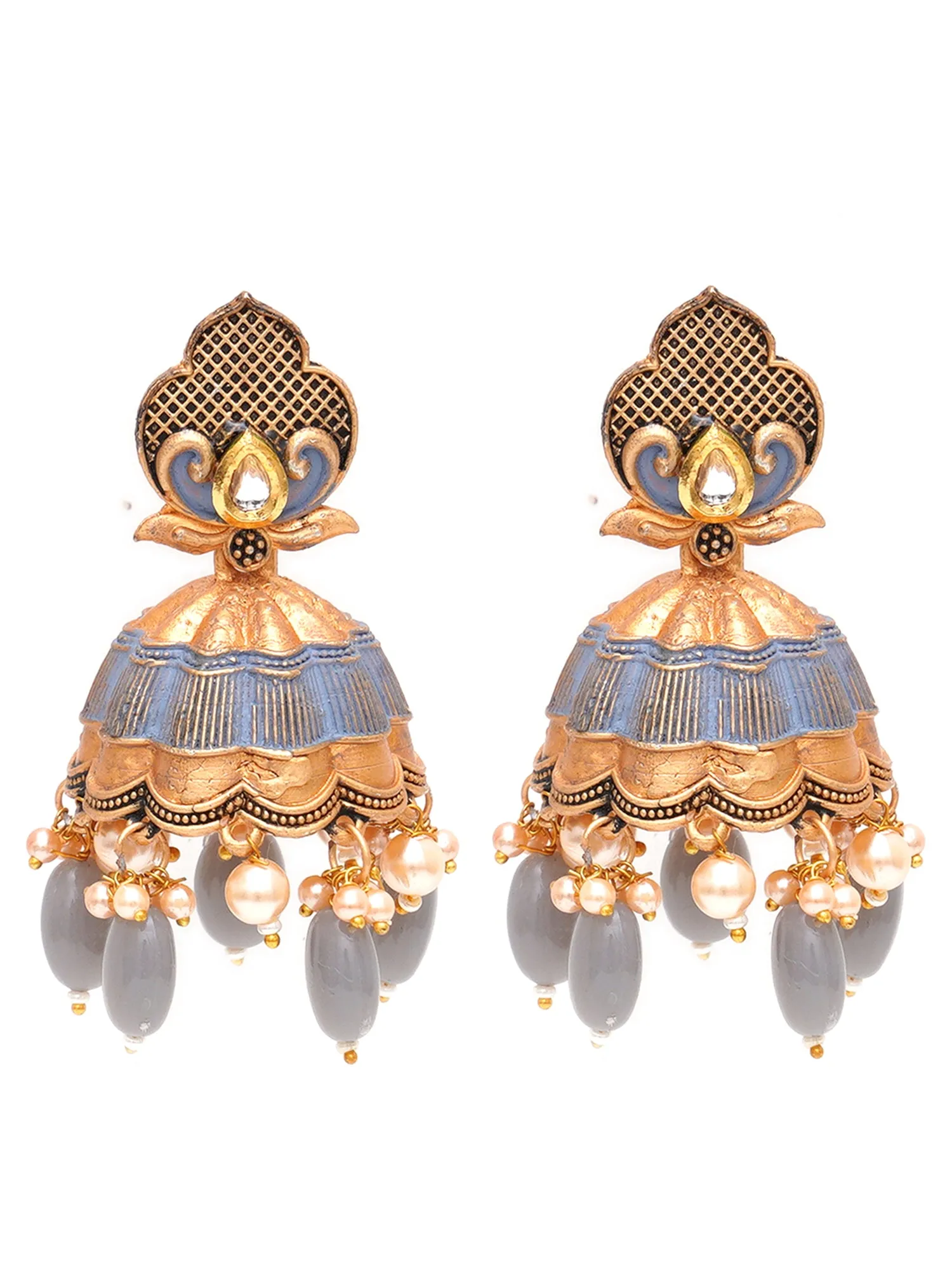 Karatcart Gold Plated Grey Tumble and Golden Pearl Studded Jhumki Earrings for Women
