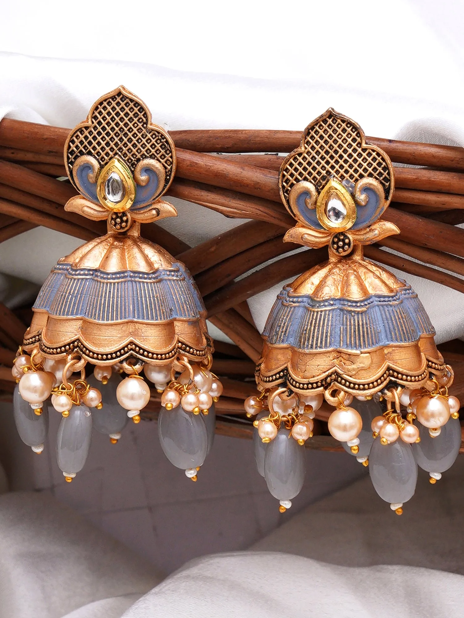 Karatcart Gold Plated Grey Tumble and Golden Pearl Studded Jhumki Earrings for Women