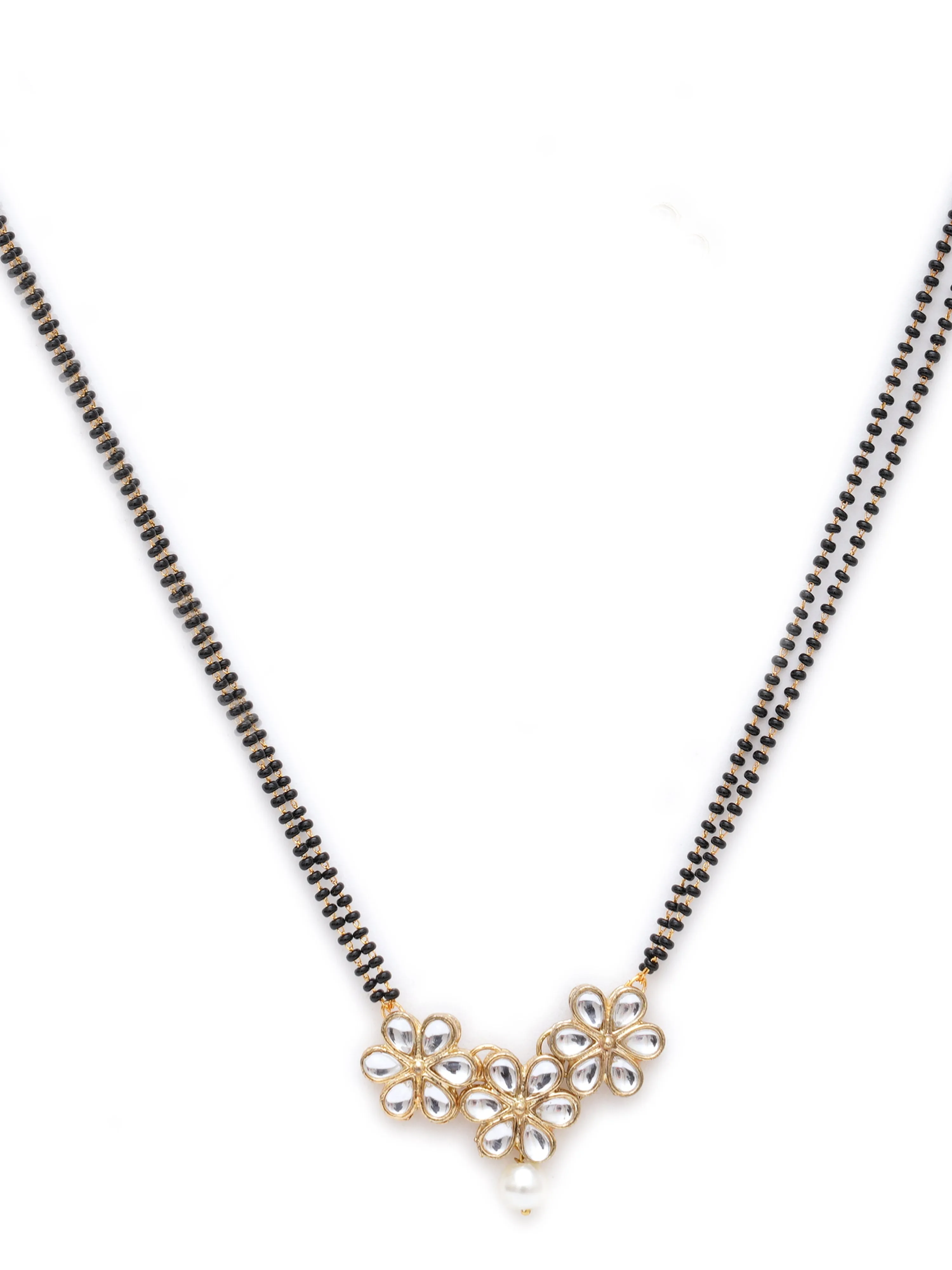 Karatcart Gold Plated Handcrafted Pearl Floral Kundan Mangalsutra with Earrings