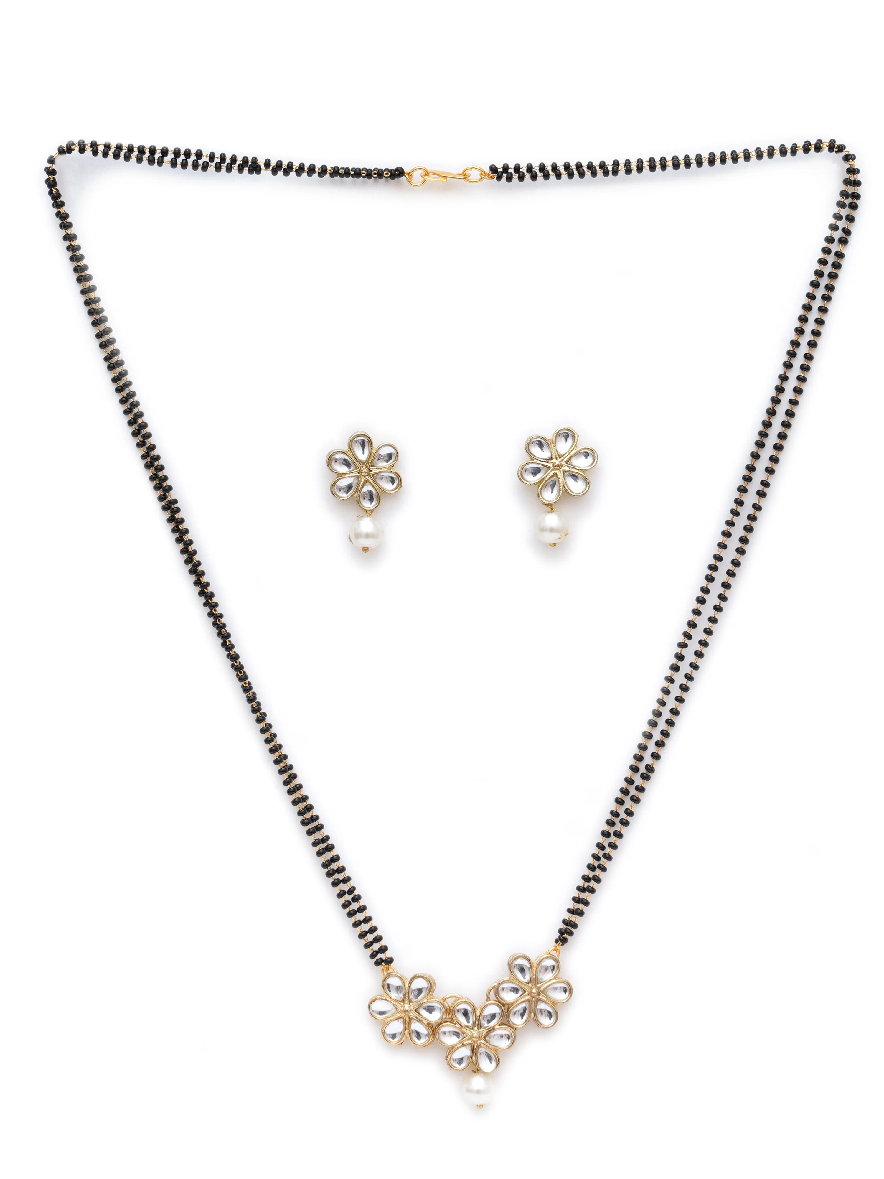 Karatcart Gold Plated Handcrafted Pearl Floral Kundan Mangalsutra with Earrings