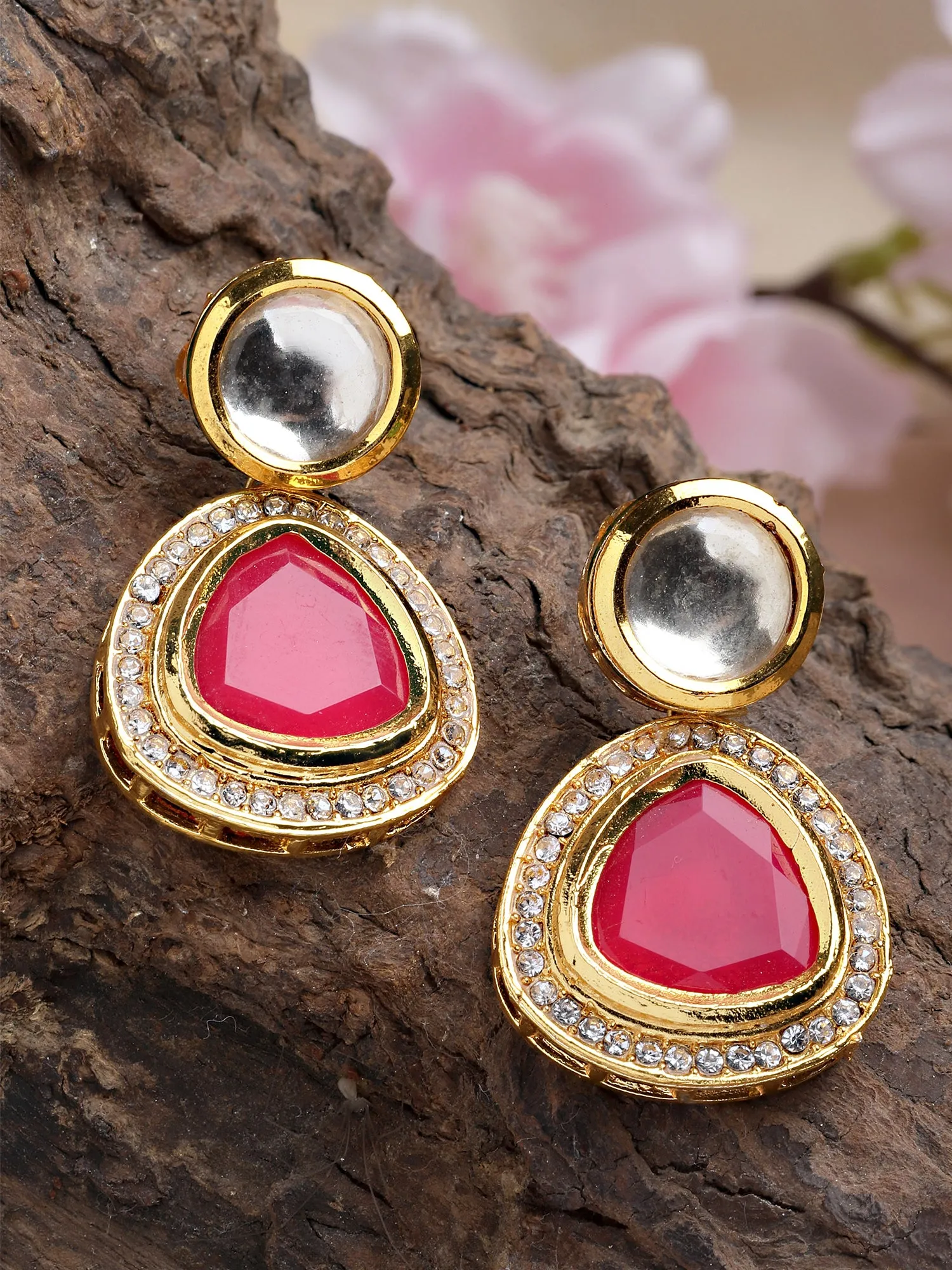 Karatcart Gold Plated Handcrafted Red Polki Kundan Drop Earrings for Women
