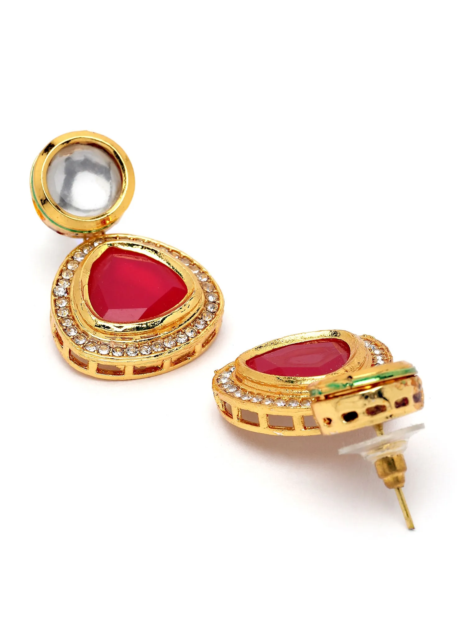 Karatcart Gold Plated Handcrafted Red Polki Kundan Drop Earrings for Women