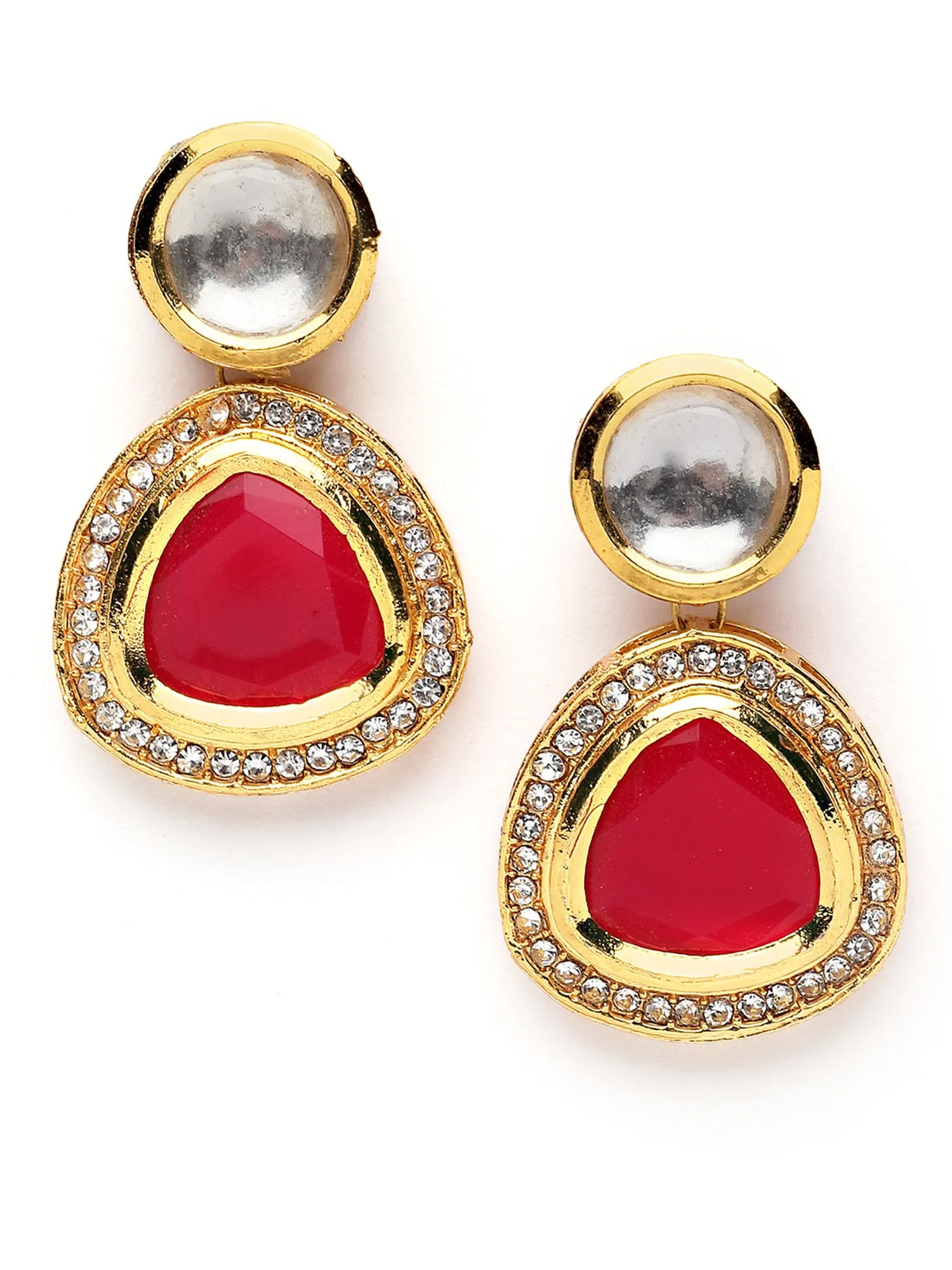 Karatcart Gold Plated Handcrafted Red Polki Kundan Drop Earrings for Women
