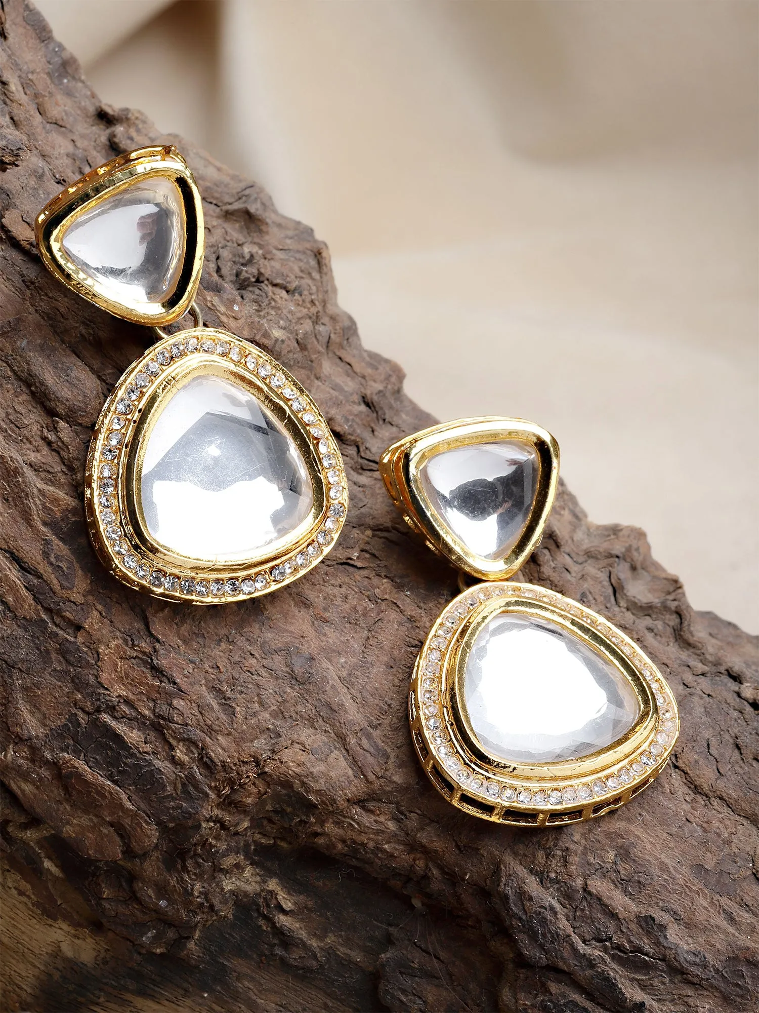 Karatcart Gold Plated Handcrafted Triangular Polki Kundan Drop Earrings for Women