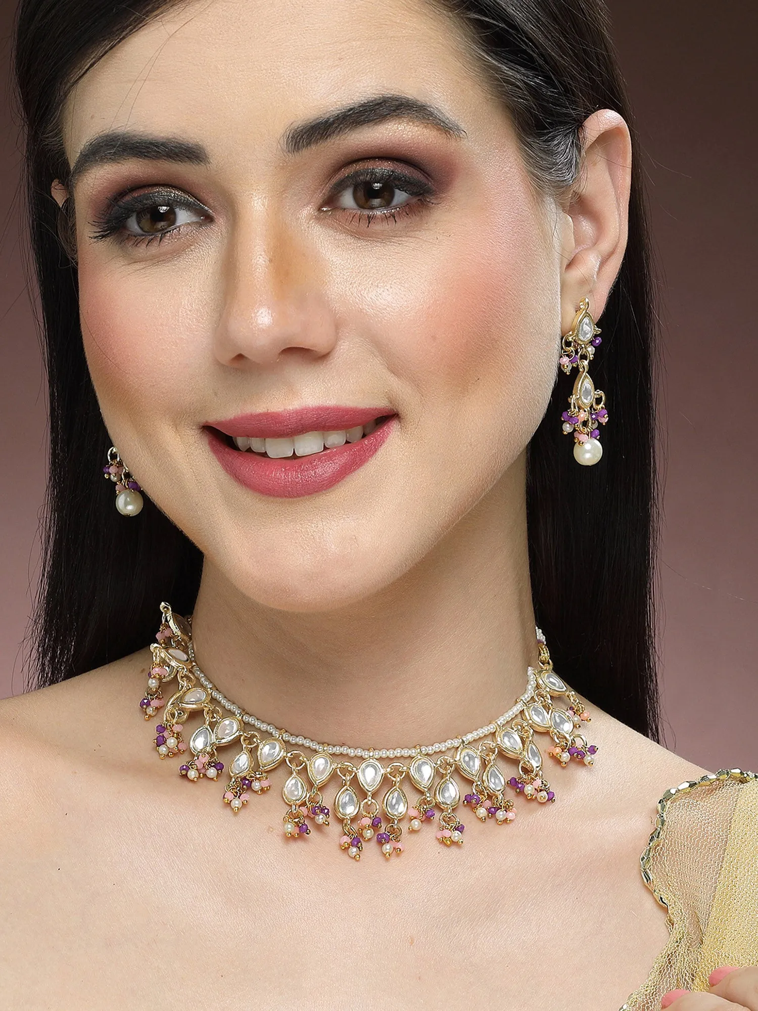 KARATCART Gold Plated Kundan Classic Purple and Pink Jewellery Set for Women