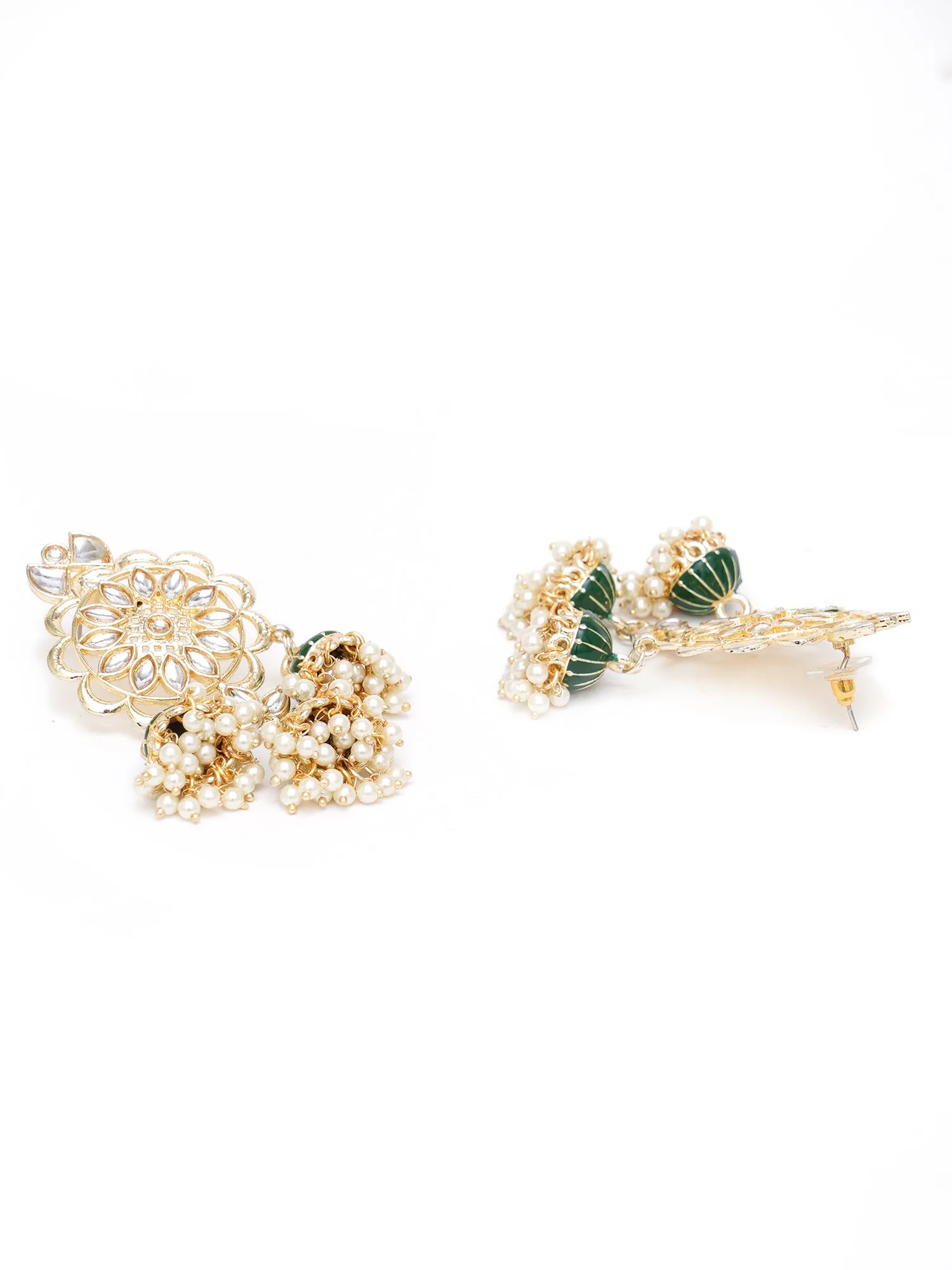 Karatcart Gold Plated Kundan Studded Green Meena Triple Jhumki Earrings for Women