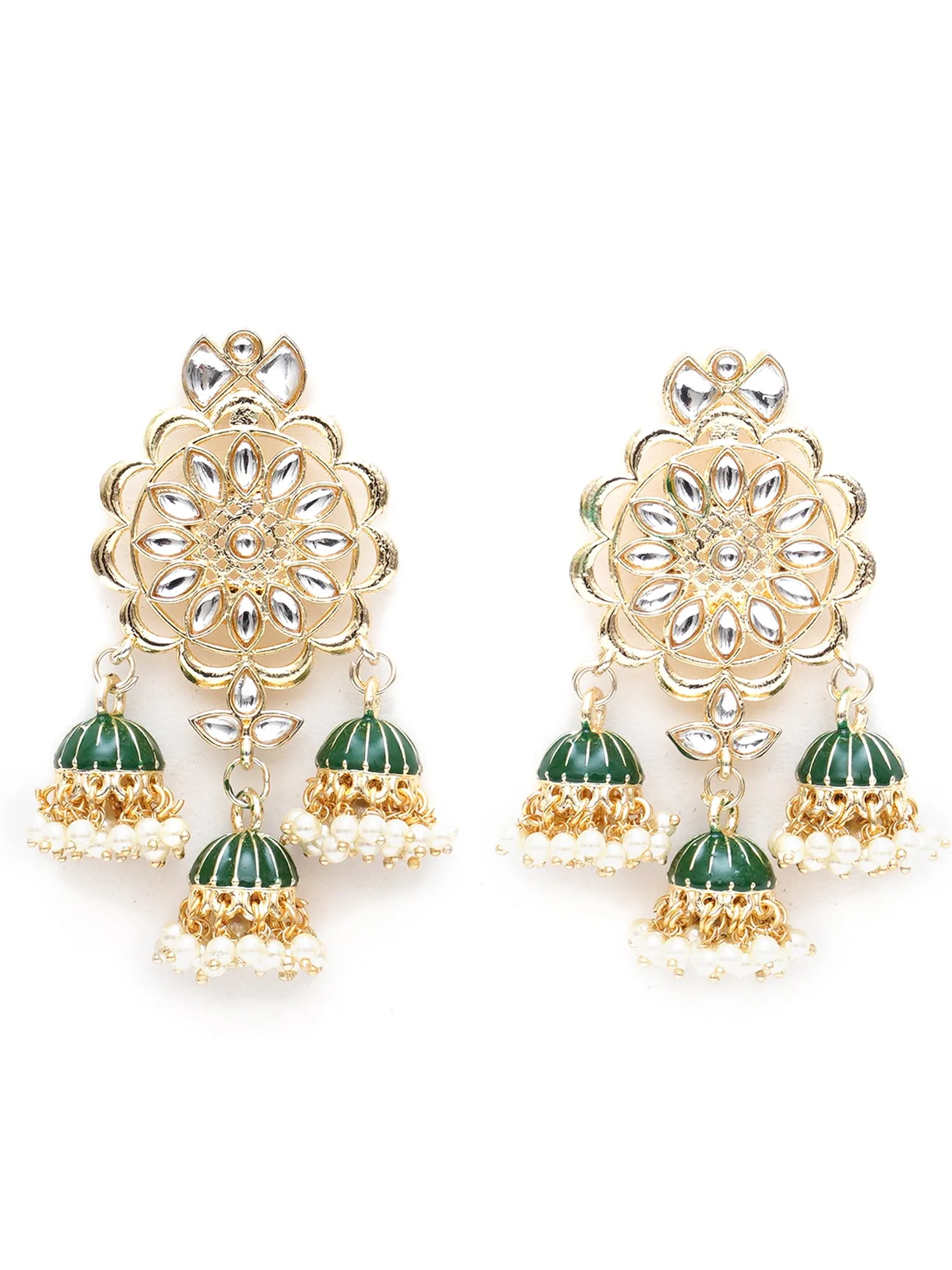 Karatcart Gold Plated Kundan Studded Green Meena Triple Jhumki Earrings for Women