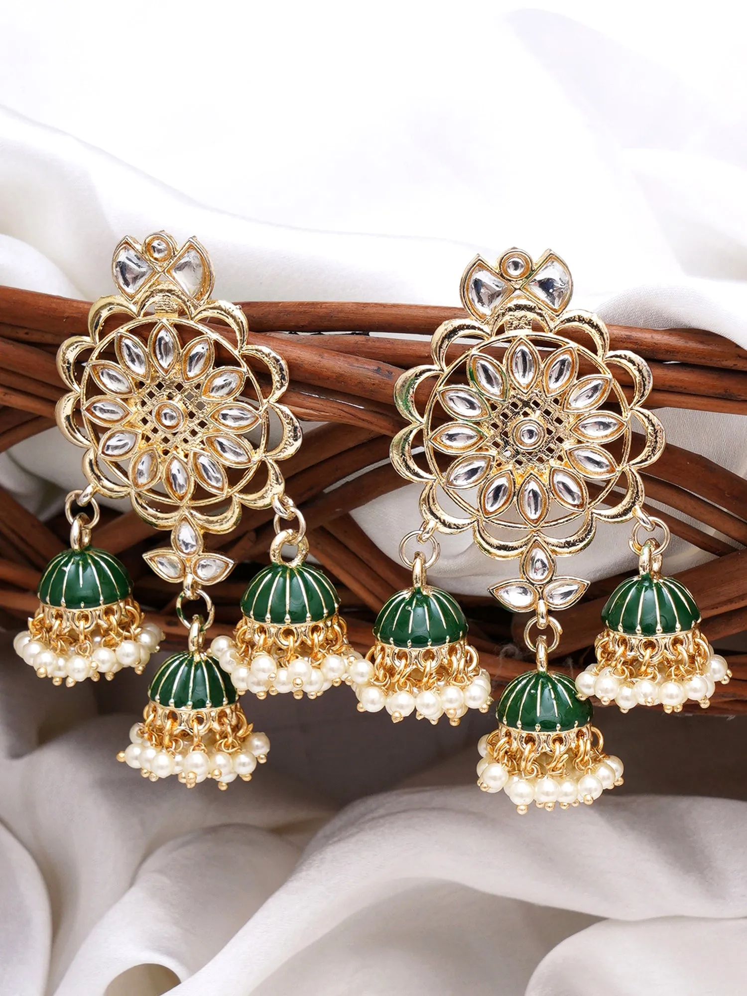 Karatcart Gold Plated Kundan Studded Green Meena Triple Jhumki Earrings for Women