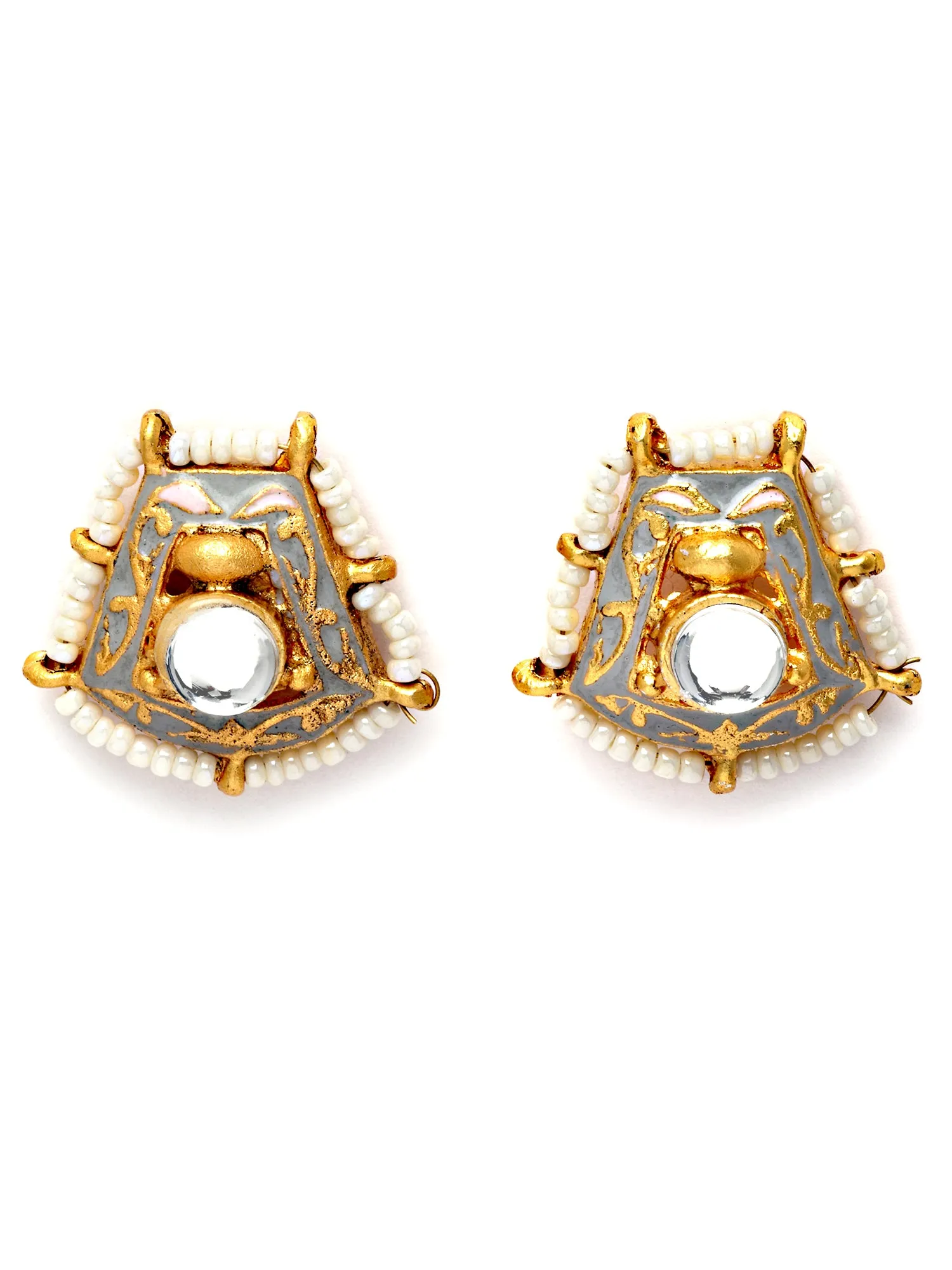 Karatcart Gold Plated Kundan Studded Grey Meena Stud Earrings for Women