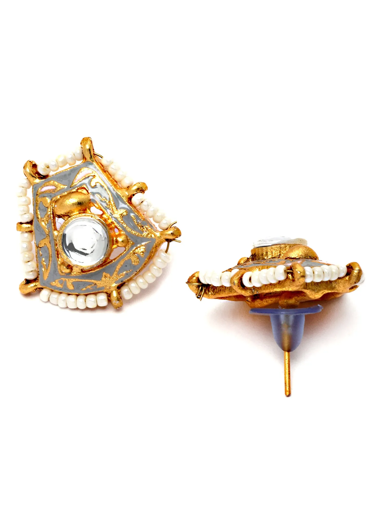 Karatcart Gold Plated Kundan Studded Grey Meena Stud Earrings for Women