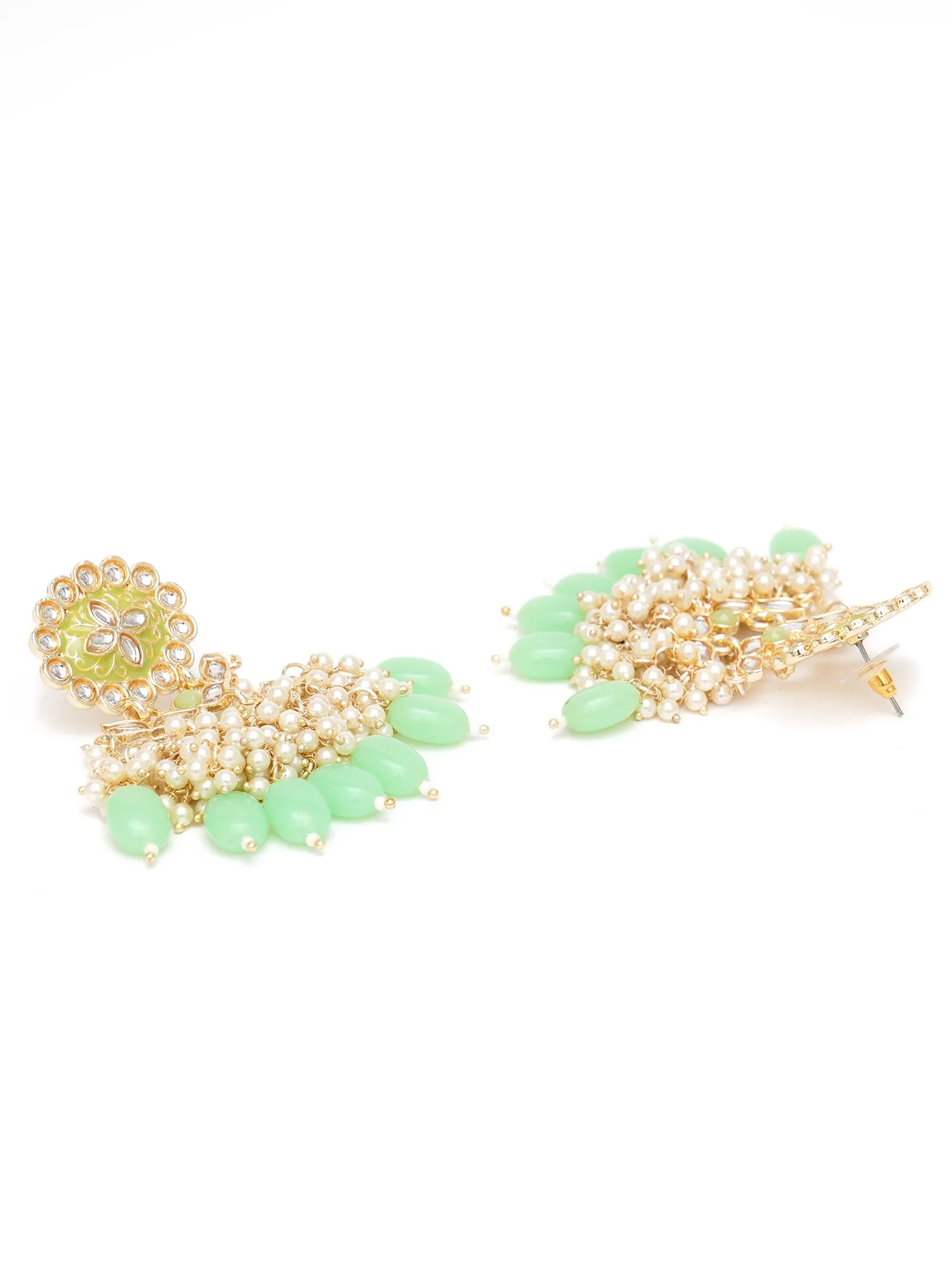 Karatcart Gold Plated Kundan Studded Light Green Meena and Tumble Dangler Earrings for Women