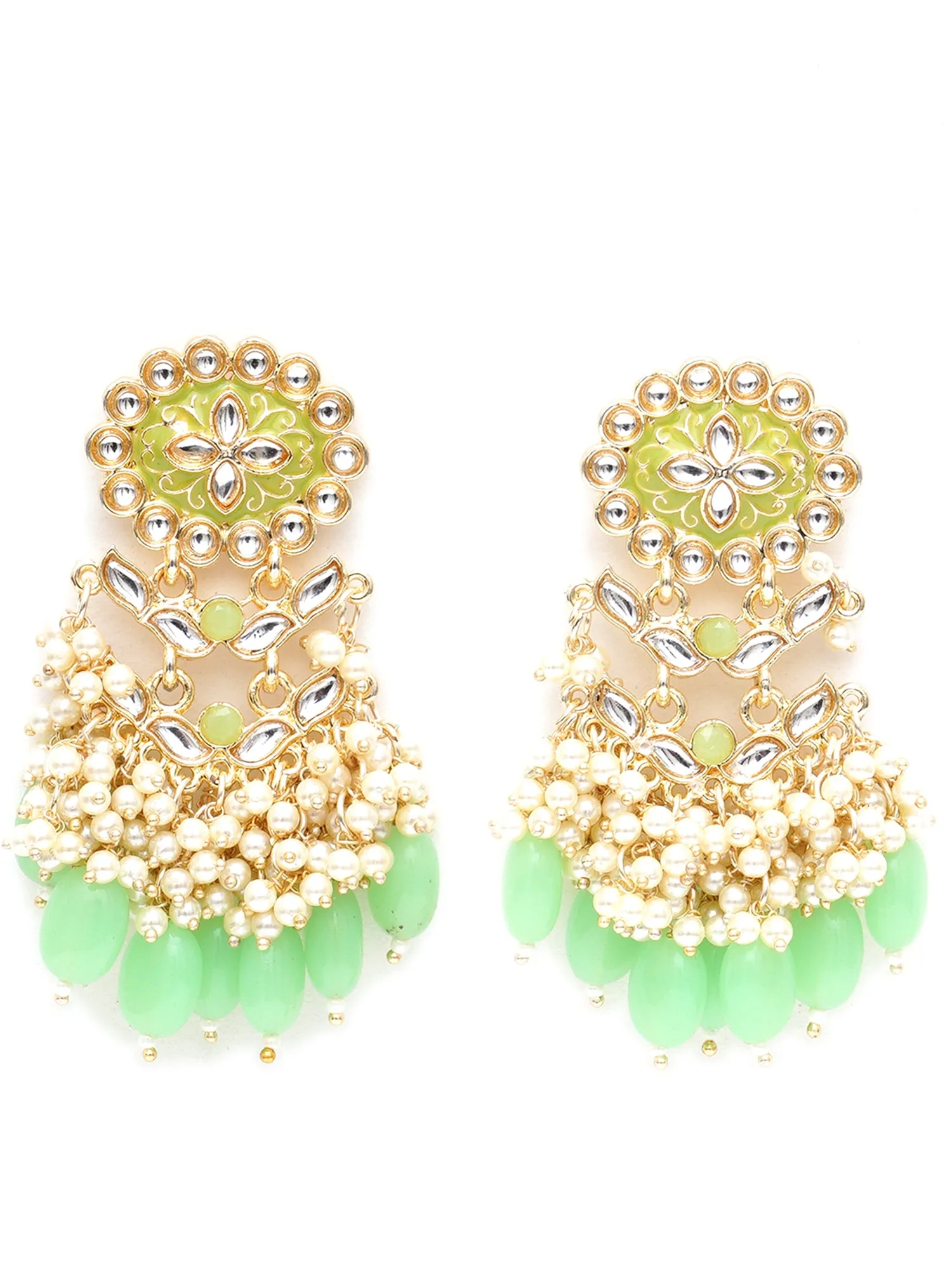 Karatcart Gold Plated Kundan Studded Light Green Meena and Tumble Dangler Earrings for Women