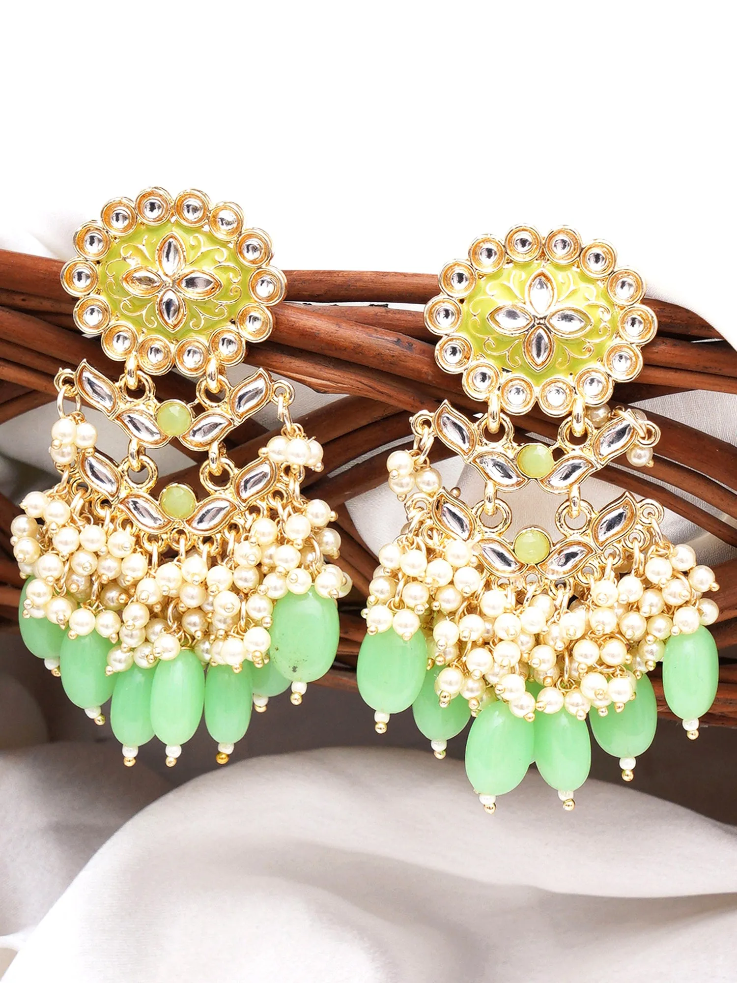 Karatcart Gold Plated Kundan Studded Light Green Meena and Tumble Dangler Earrings for Women