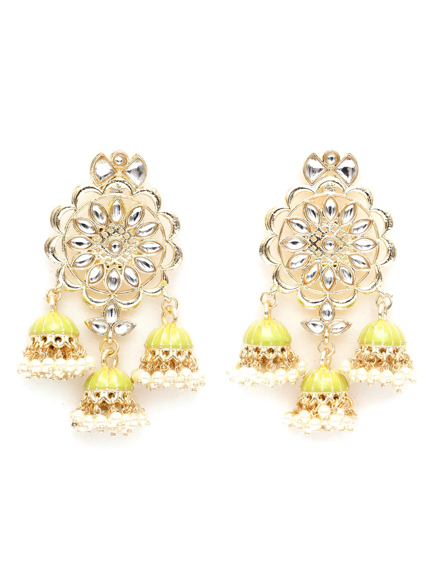 Karatcart Gold Plated Kundan Studded Light Green Meena Triple Jhumki Earrings for Women