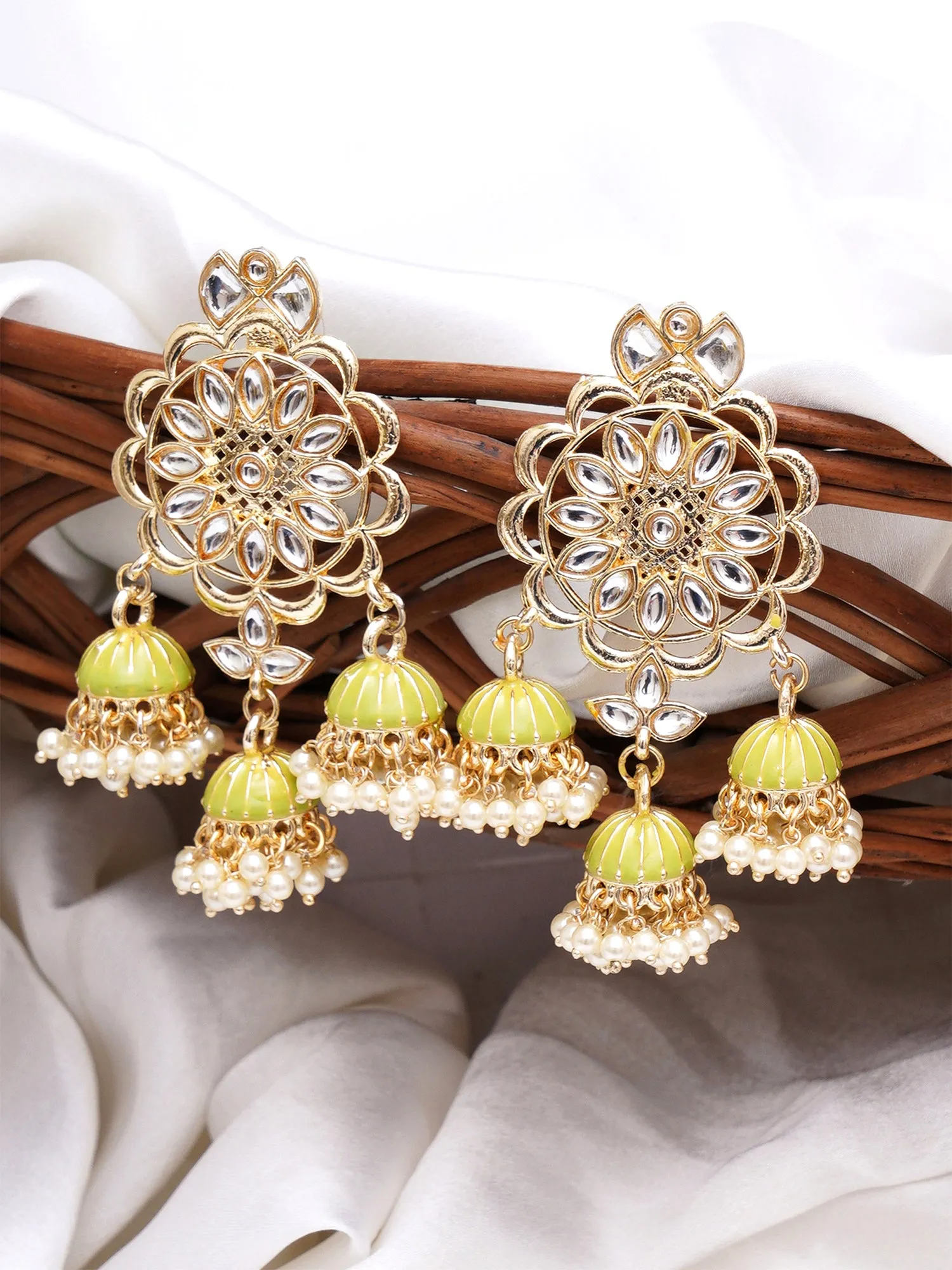 Karatcart Gold Plated Kundan Studded Light Green Meena Triple Jhumki Earrings for Women