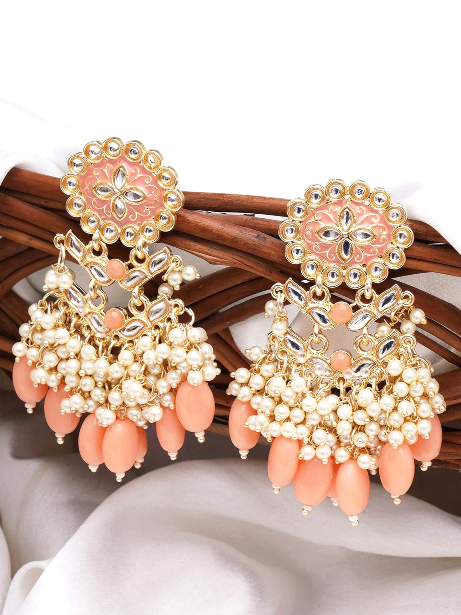 Karatcart Gold Plated Kundan Studded Peach Meena and Tumble Dangler Earrings for Women