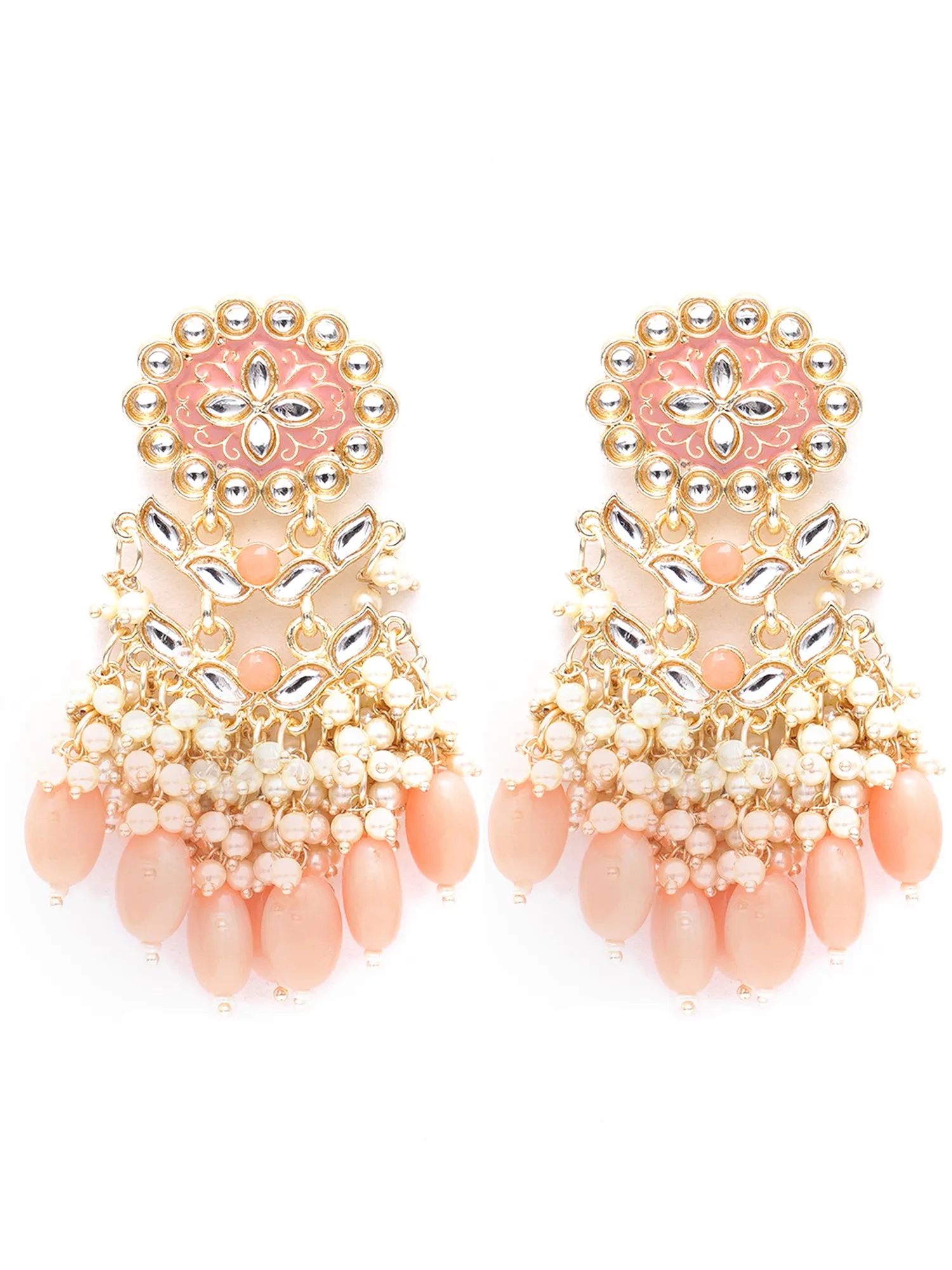 Karatcart Gold Plated Kundan Studded Peach Meena and Tumble Dangler Earrings for Women