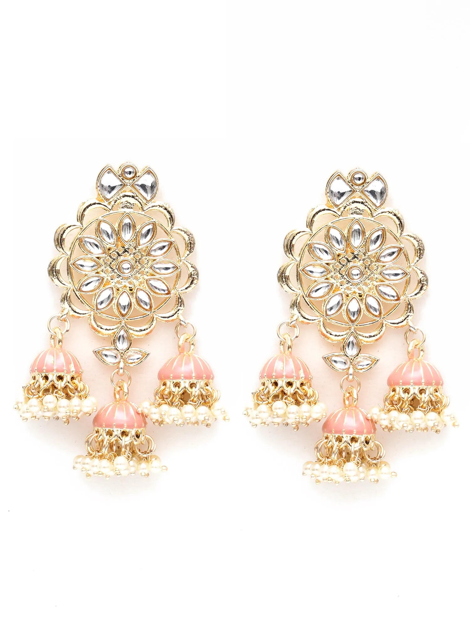 Karatcart Gold Plated Kundan Studded Peach Meena Triple Jhumki Earrings for Women