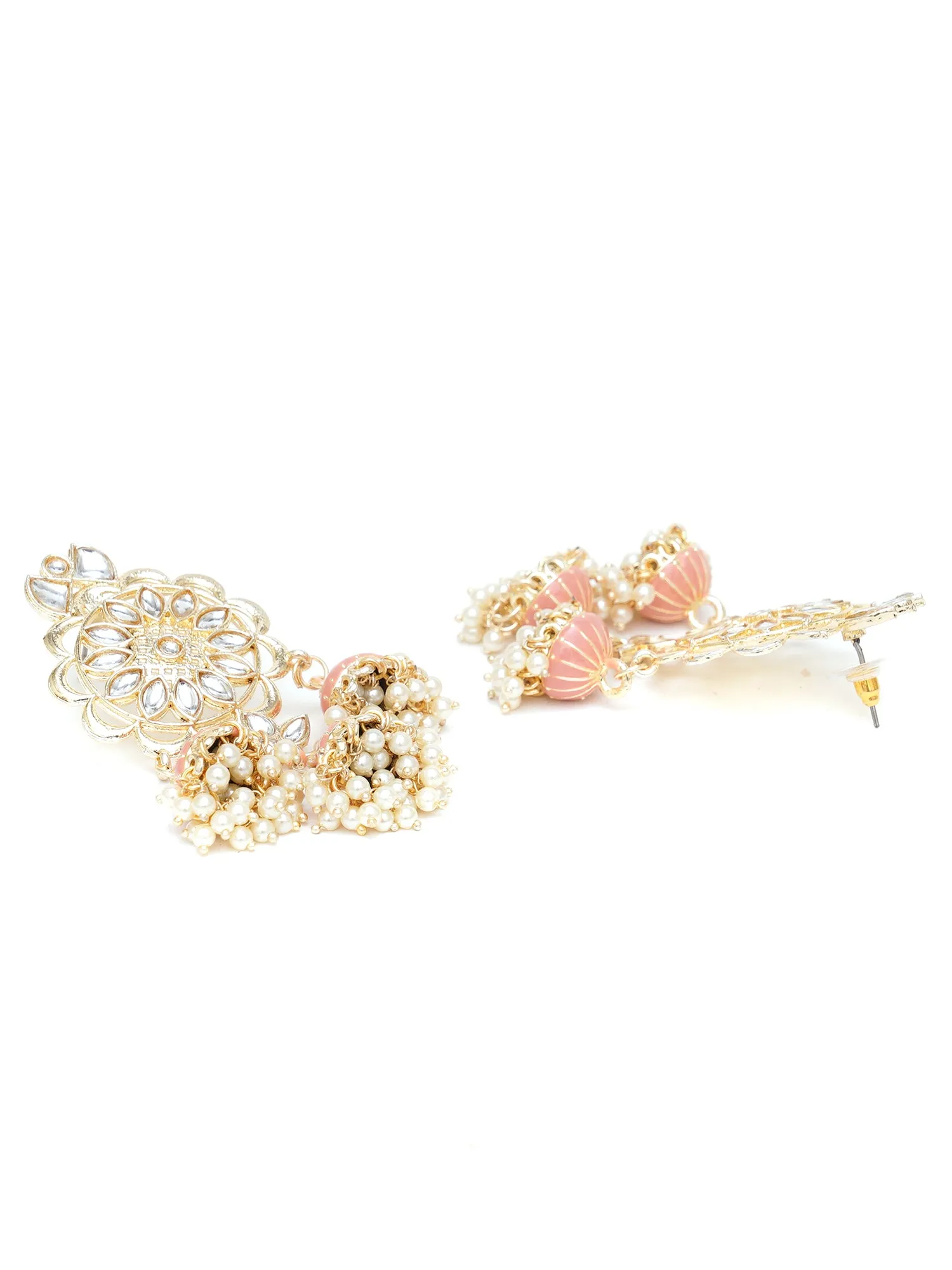 Karatcart Gold Plated Kundan Studded Peach Meena Triple Jhumki Earrings for Women