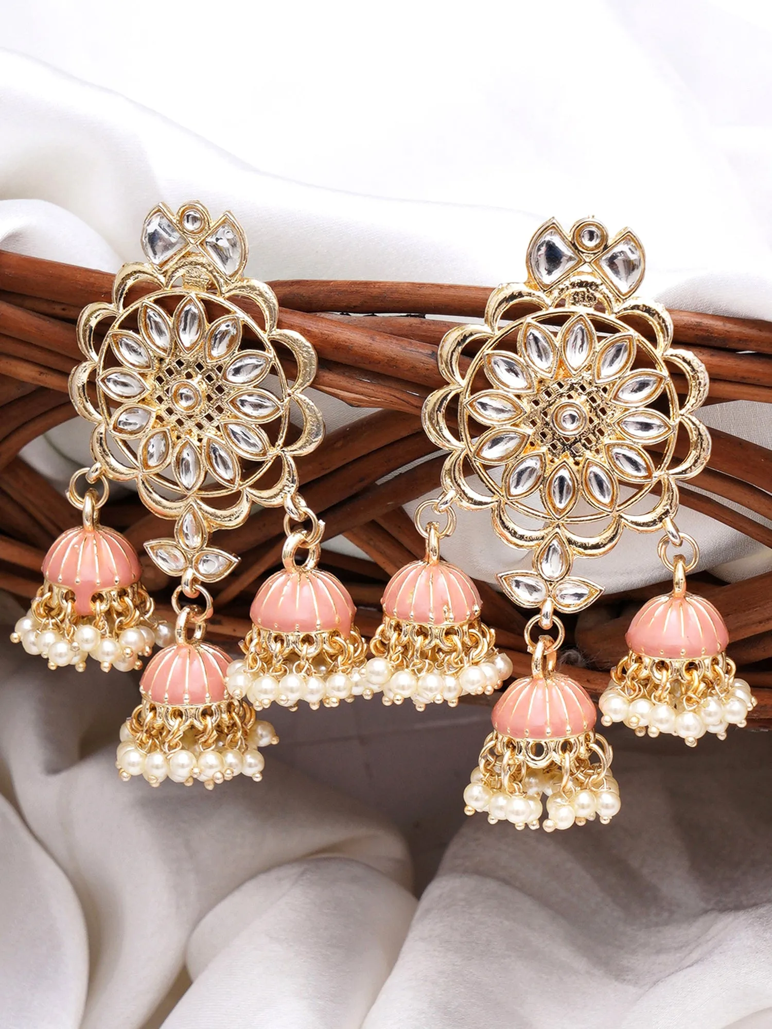 Karatcart Gold Plated Kundan Studded Peach Meena Triple Jhumki Earrings for Women