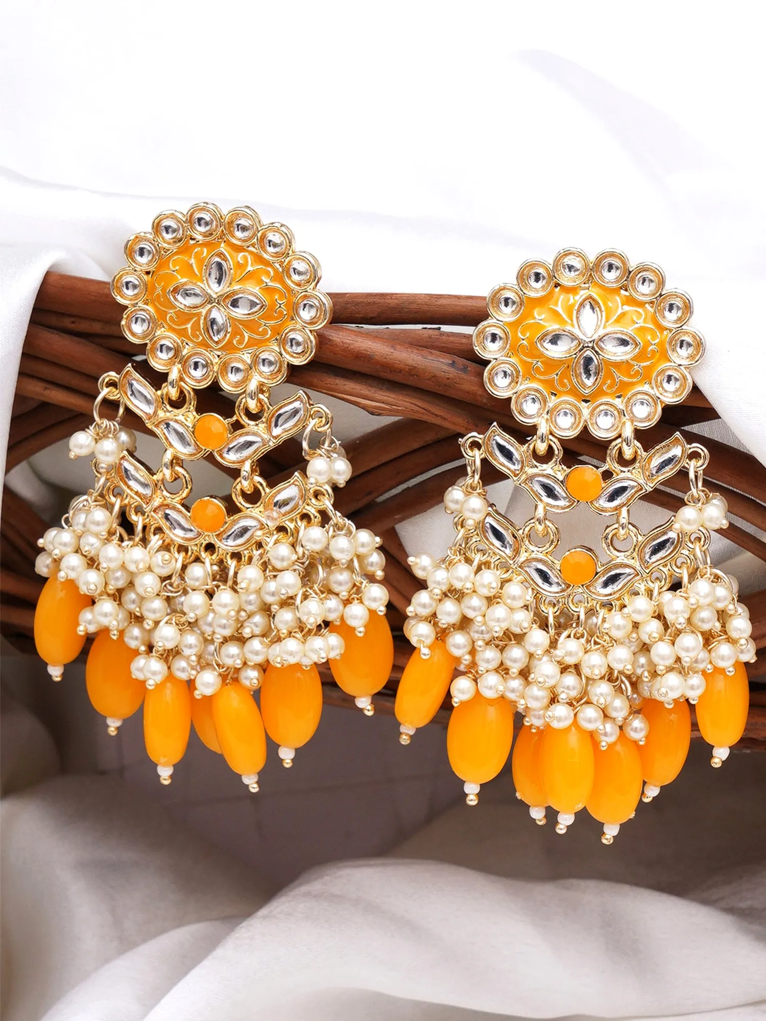 Karatcart Gold Plated Kundan Studded Yellow Meena and Tumble Dangler Earrings for Women