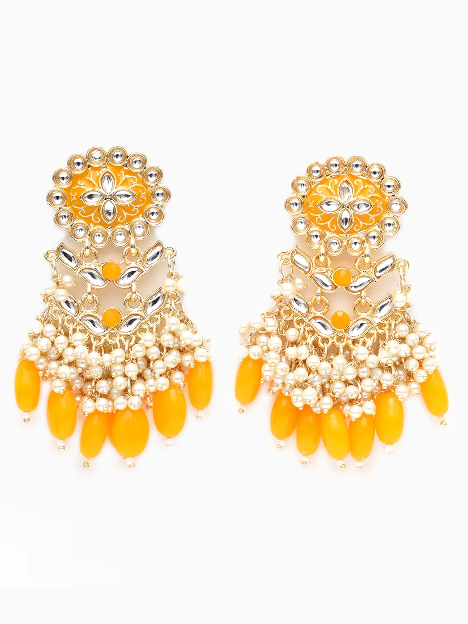 Karatcart Gold Plated Kundan Studded Yellow Meena and Tumble Dangler Earrings for Women