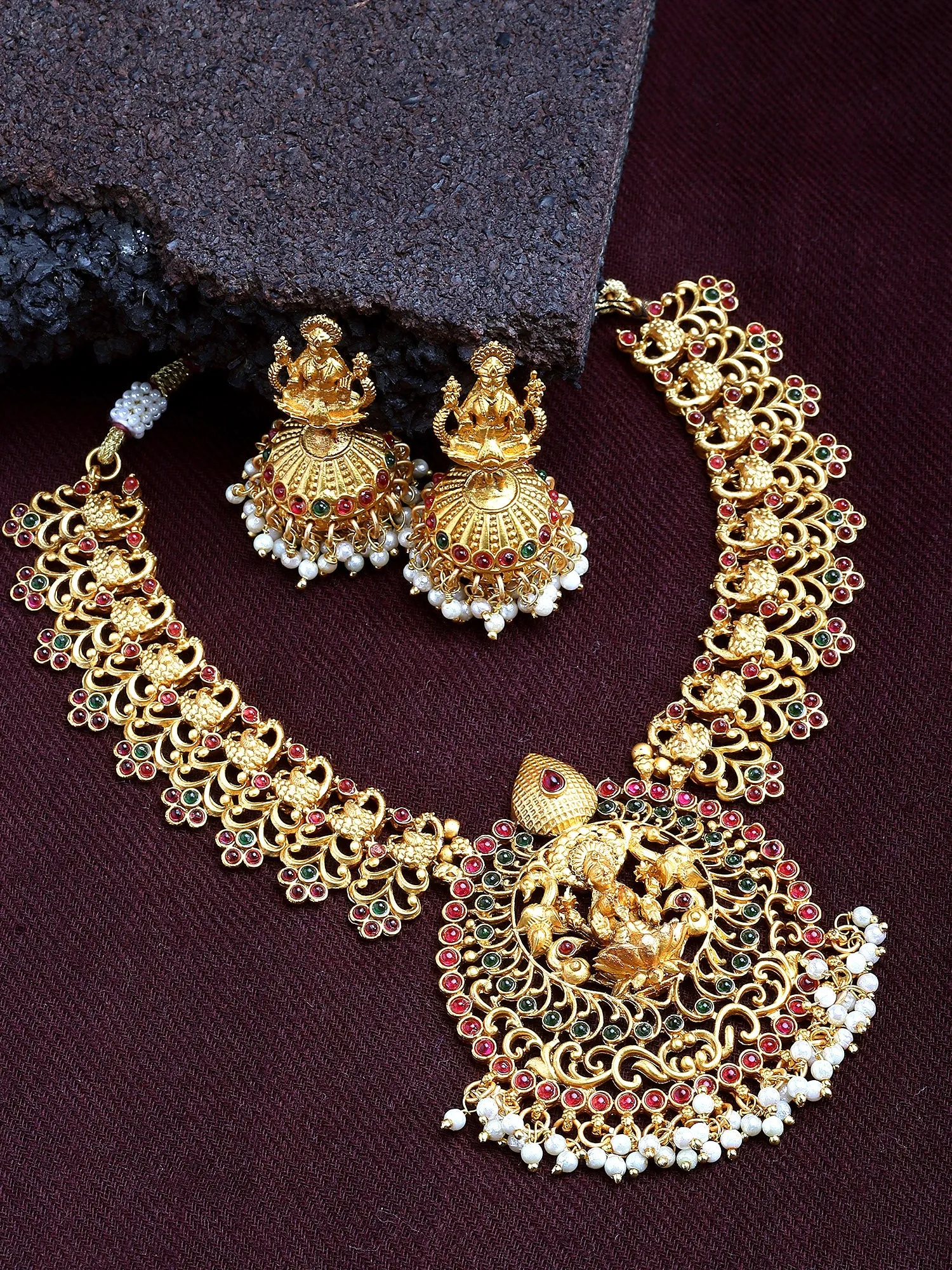 Karatcart Gold Plated Laxmi Mata and Peacock Design Temple Jewellery Set for Women