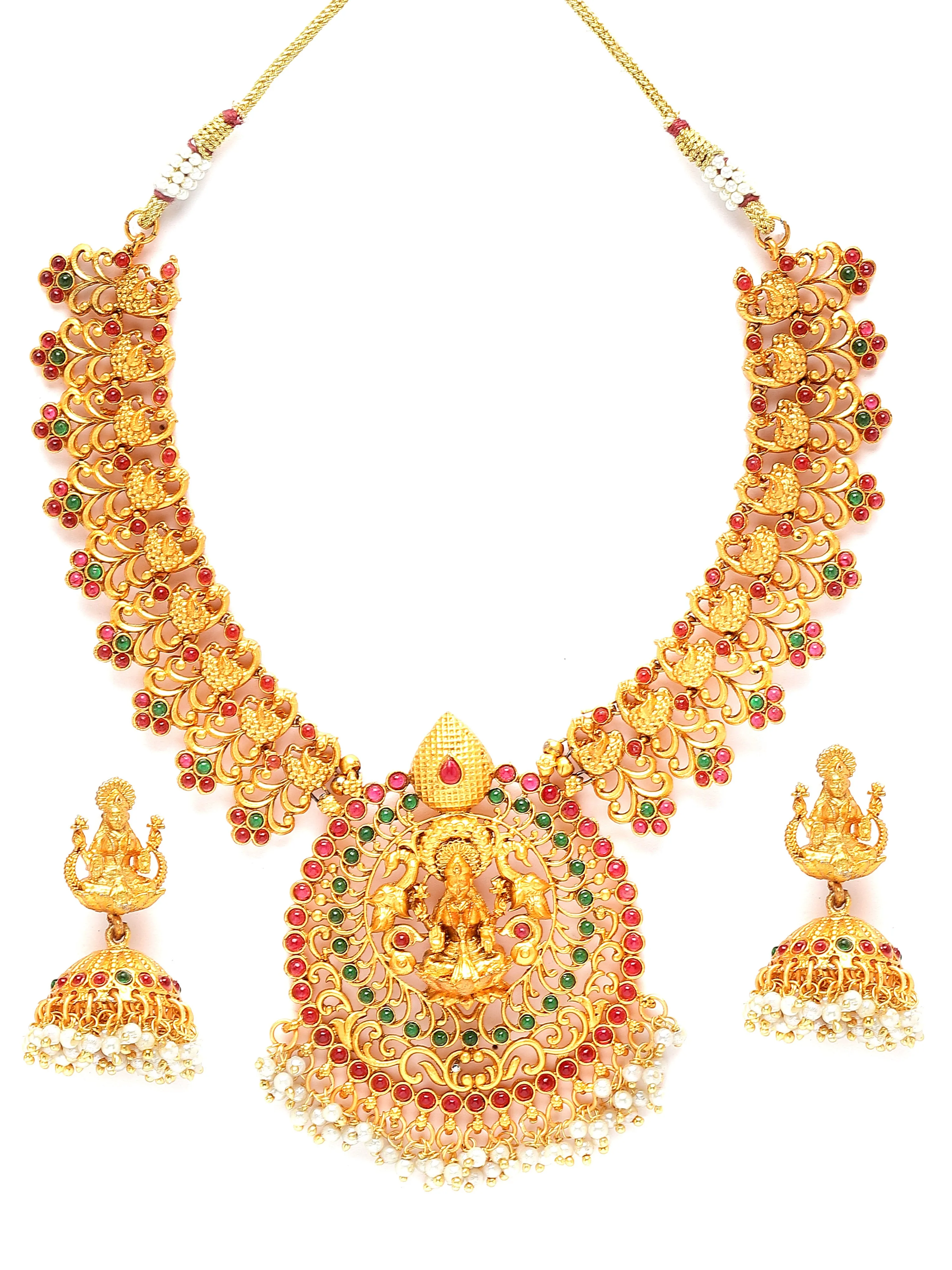 Karatcart Gold Plated Laxmi Mata and Peacock Design Temple Jewellery Set for Women