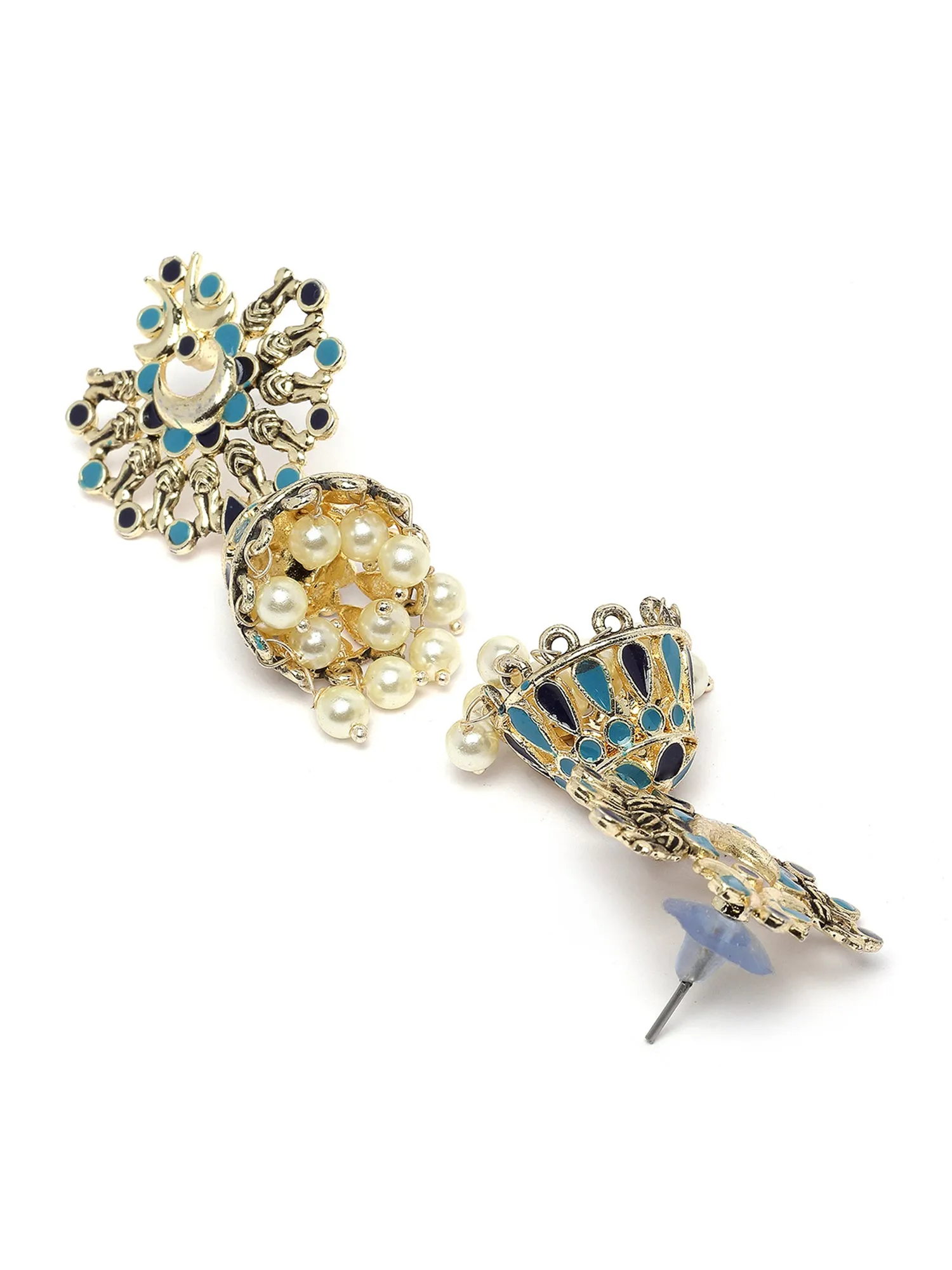 Karatcart Gold Plated Light Blue and Navy Blue Meena Jhumki Earrings for Women