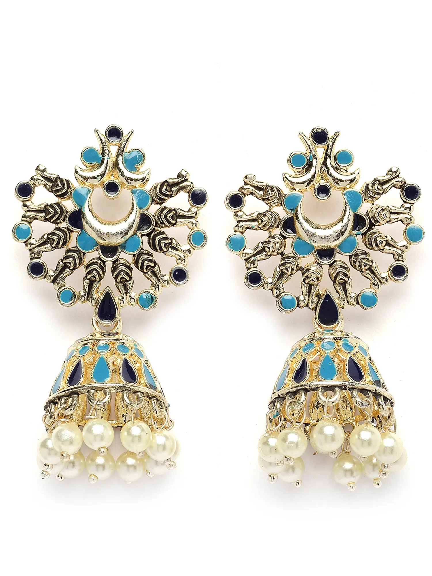 Karatcart Gold Plated Light Blue and Navy Blue Meena Jhumki Earrings for Women