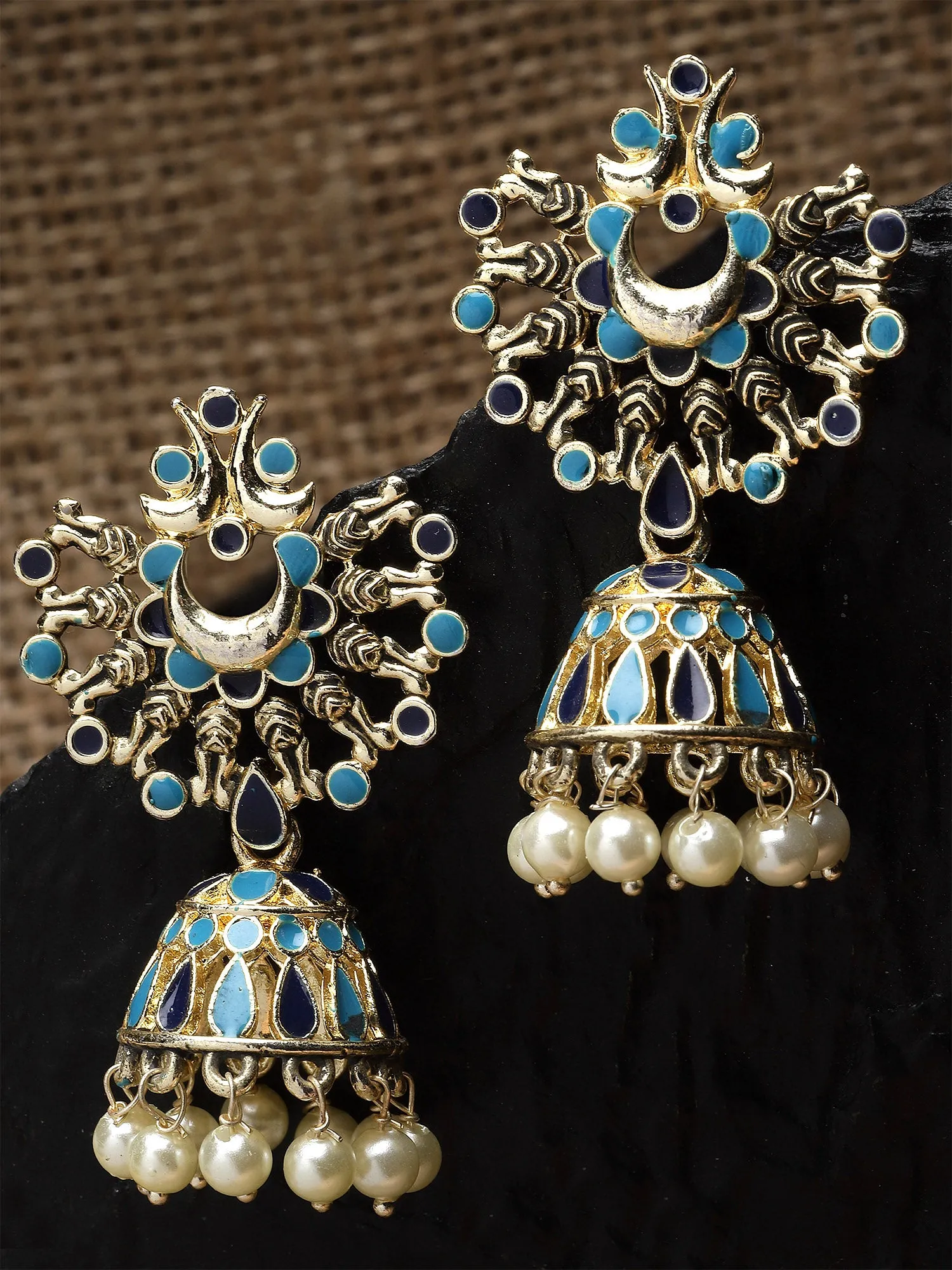 Karatcart Gold Plated Light Blue and Navy Blue Meena Jhumki Earrings for Women