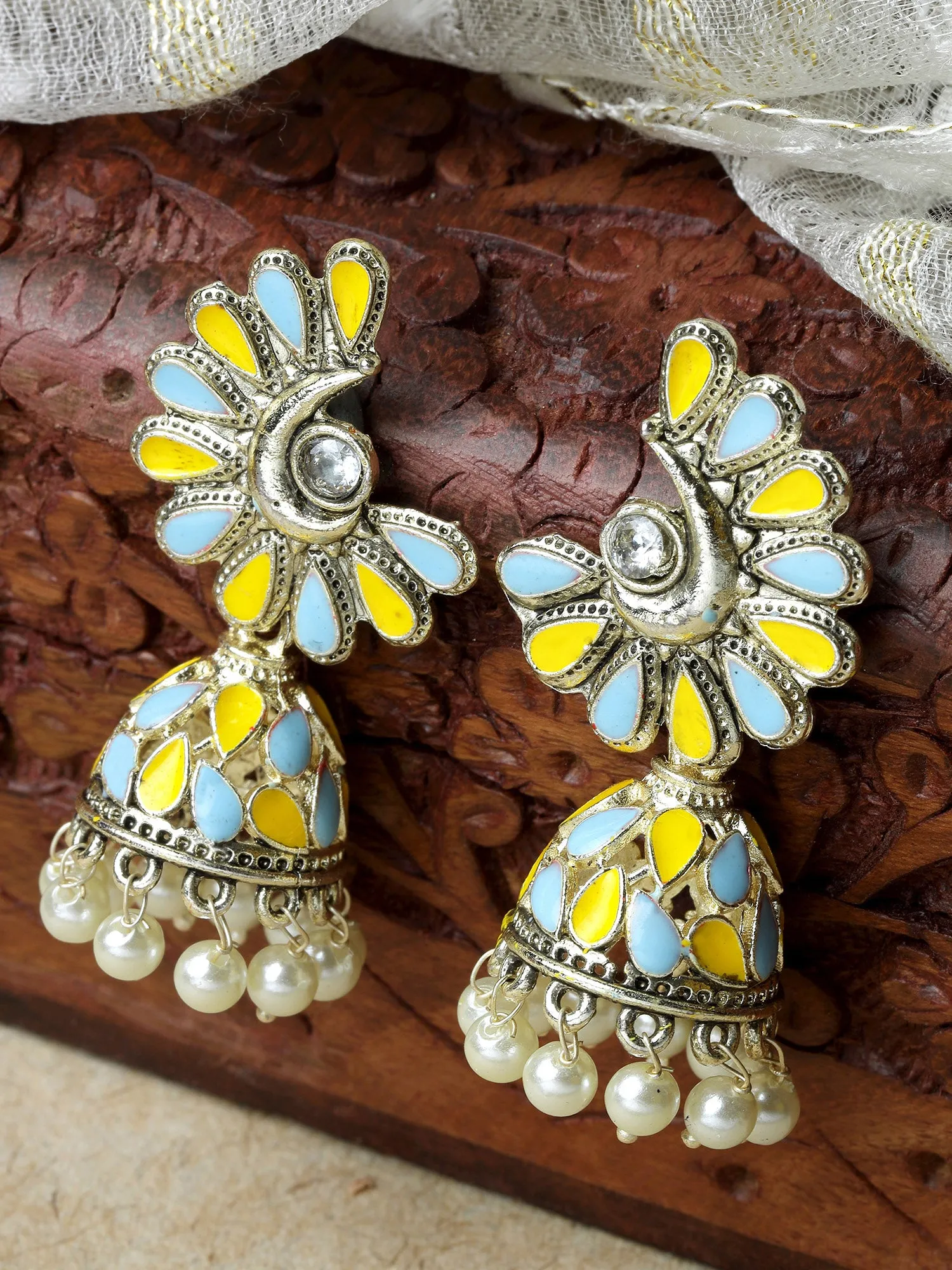 Karatcart Gold Plated Light Blue and Yellow Meena Jhumki Earrings for Women