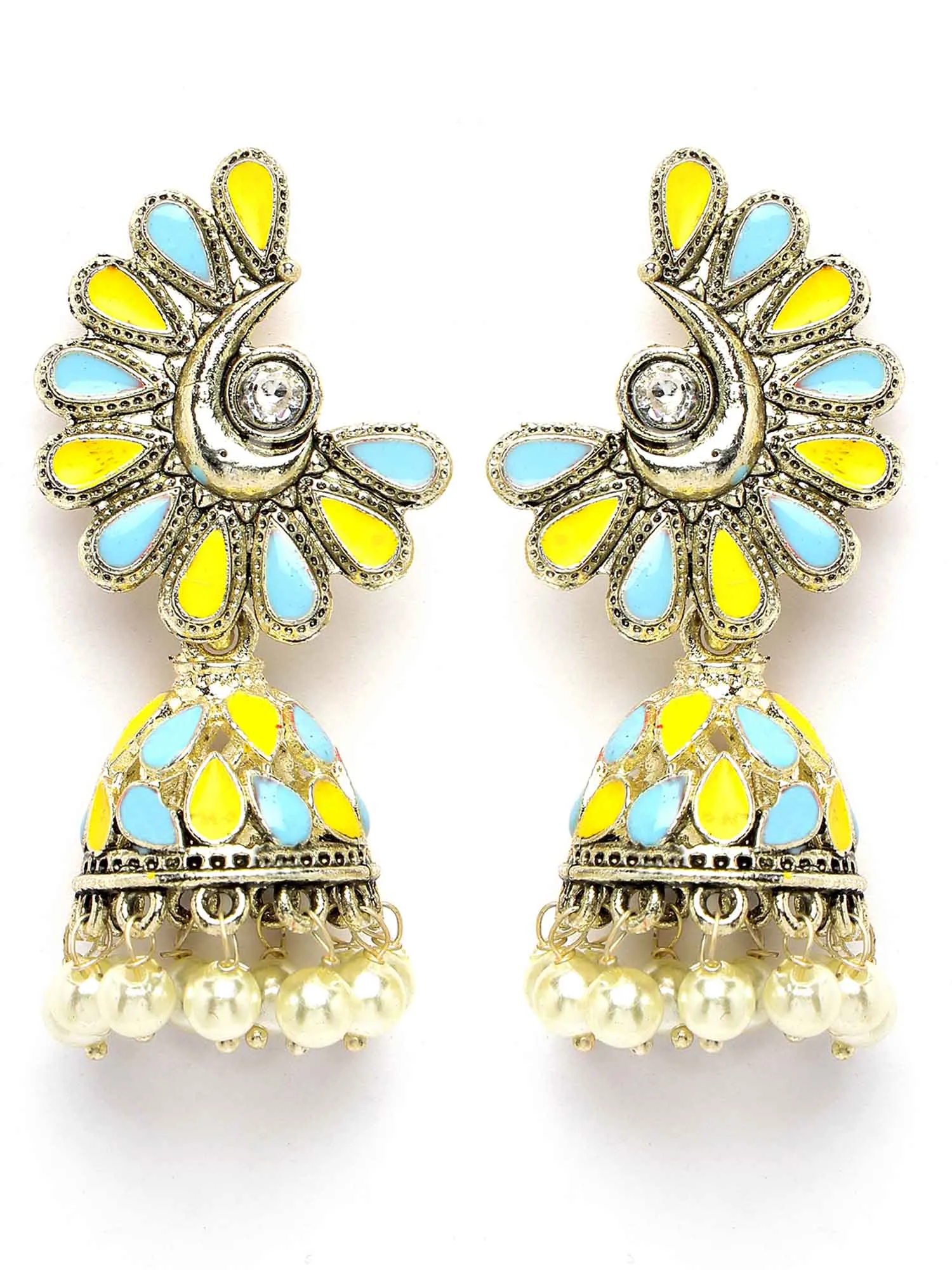 Karatcart Gold Plated Light Blue and Yellow Meena Jhumki Earrings for Women