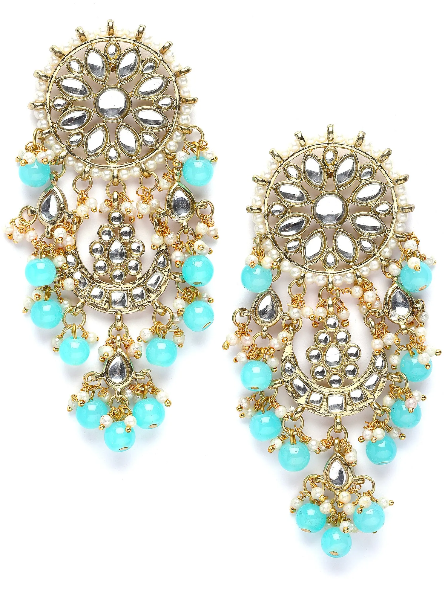 Karatcart Gold Plated Light Blue Bead Kundan Drop Earrings for Women