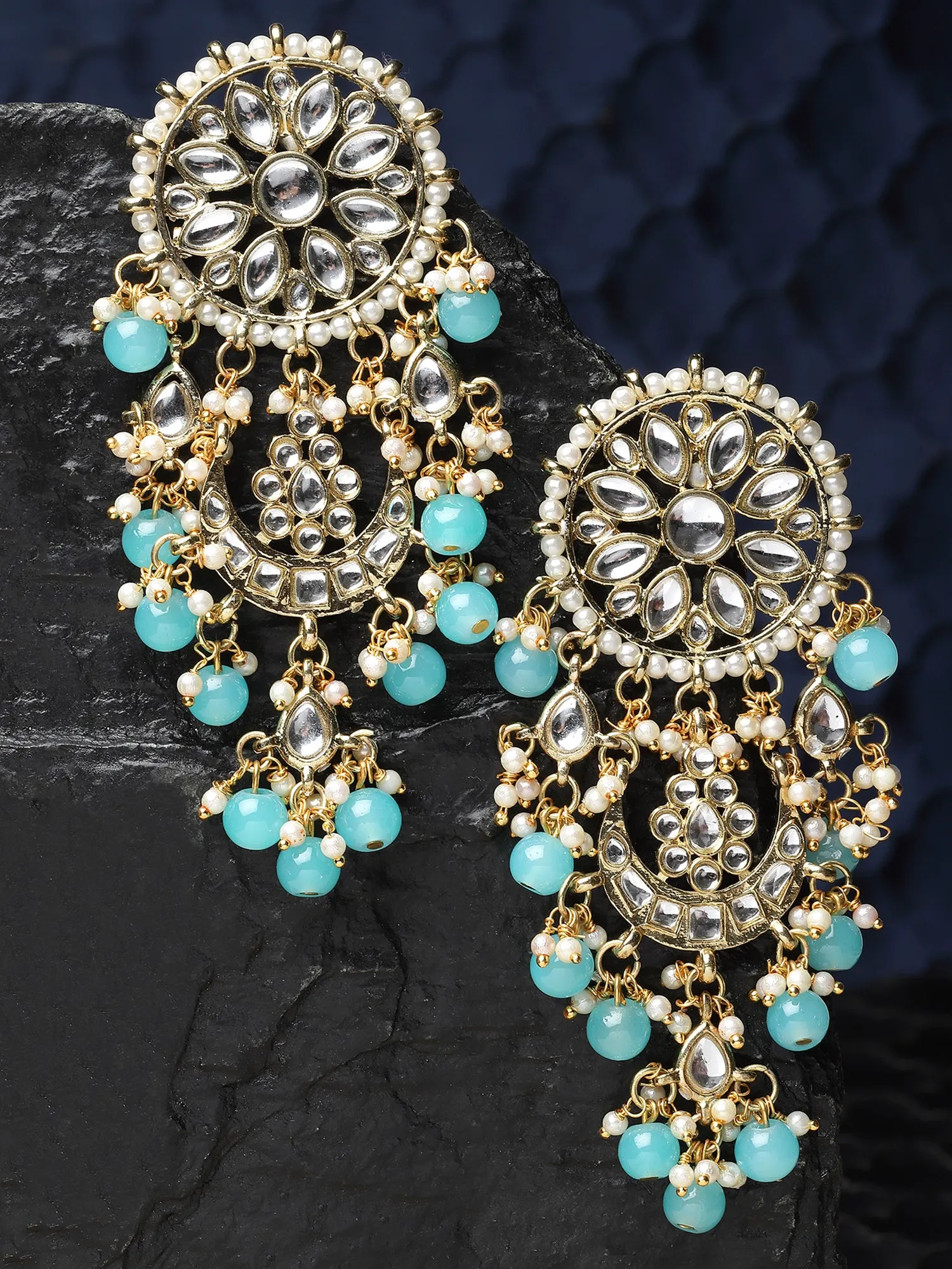 Karatcart Gold Plated Light Blue Bead Kundan Drop Earrings for Women