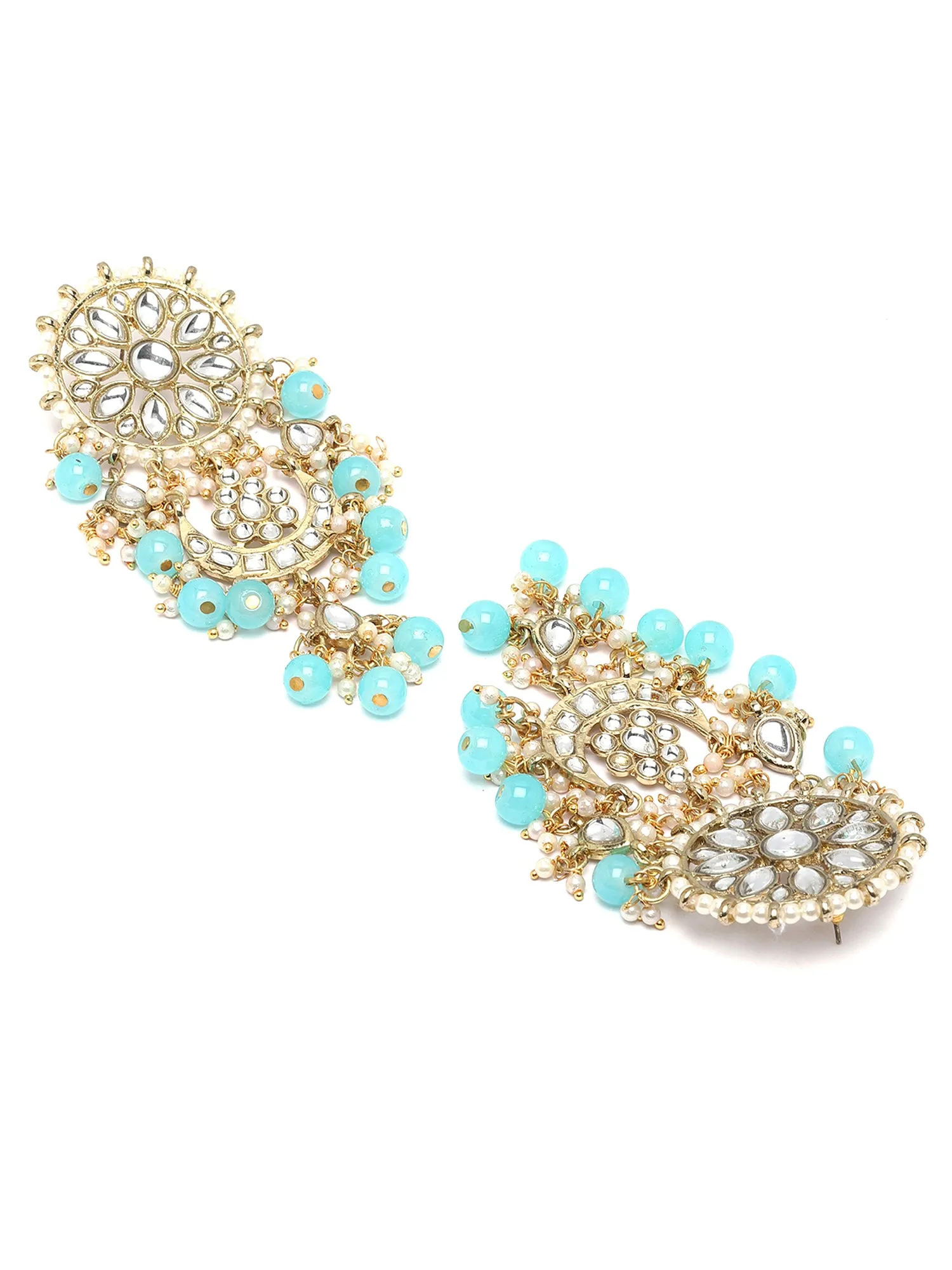 Karatcart Gold Plated Light Blue Bead Kundan Drop Earrings for Women