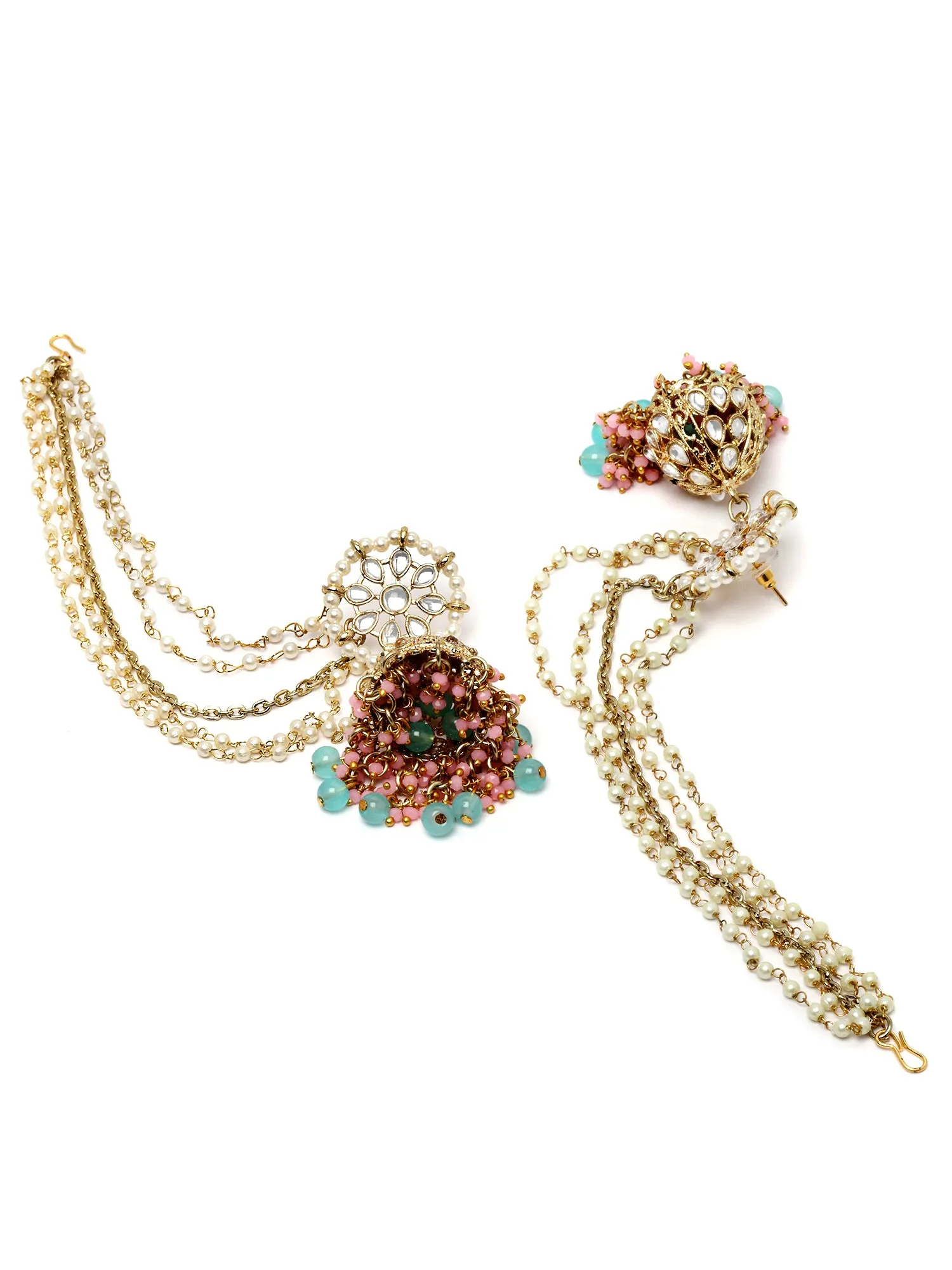 Karatcart Gold Plated Light Blue Beads and Pink Crystal Studded Kundan Kaanchain Jhumki Earrings