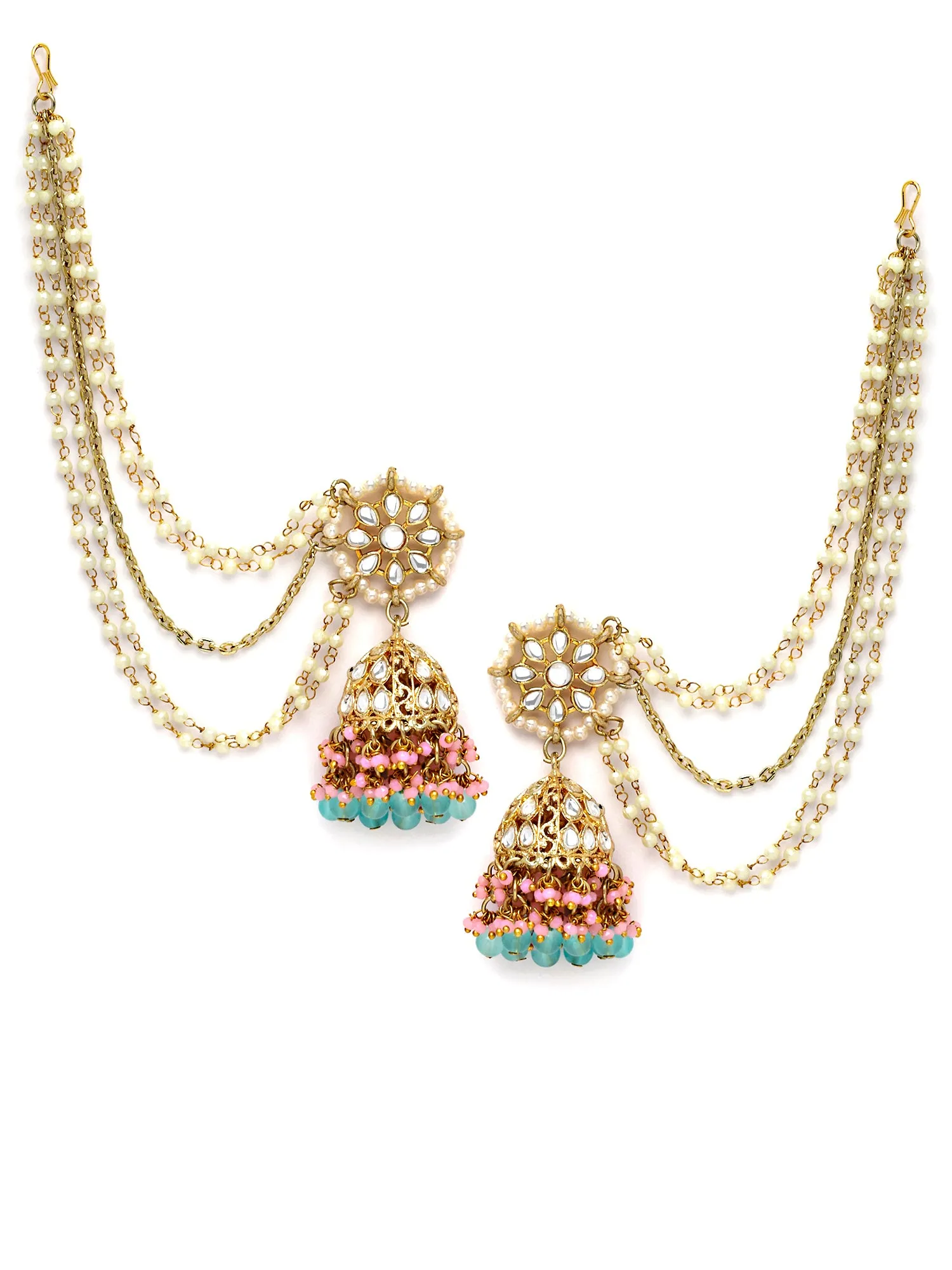 Karatcart Gold Plated Light Blue Beads and Pink Crystal Studded Kundan Kaanchain Jhumki Earrings