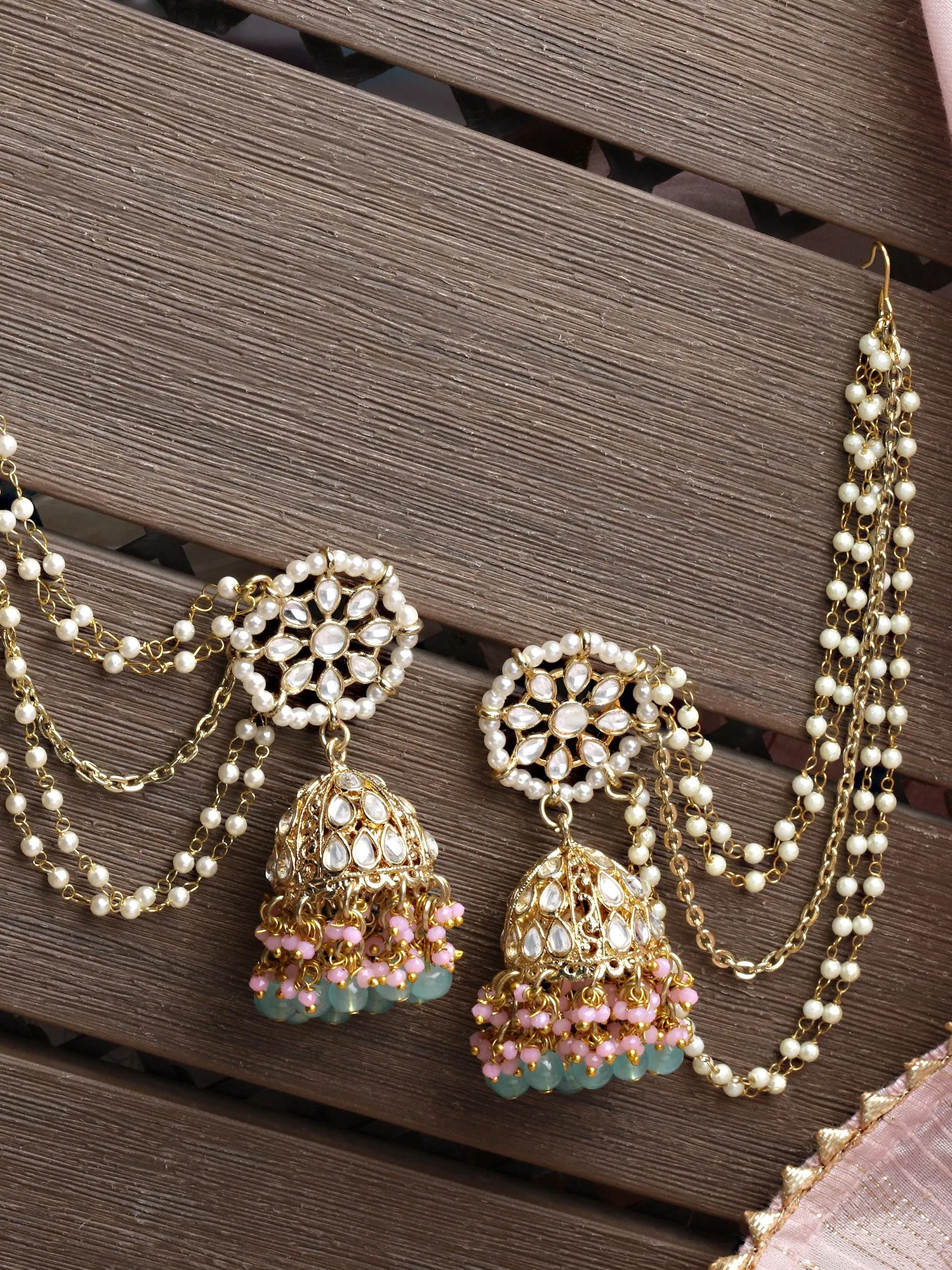 Karatcart Gold Plated Light Blue Beads and Pink Crystal Studded Kundan Kaanchain Jhumki Earrings