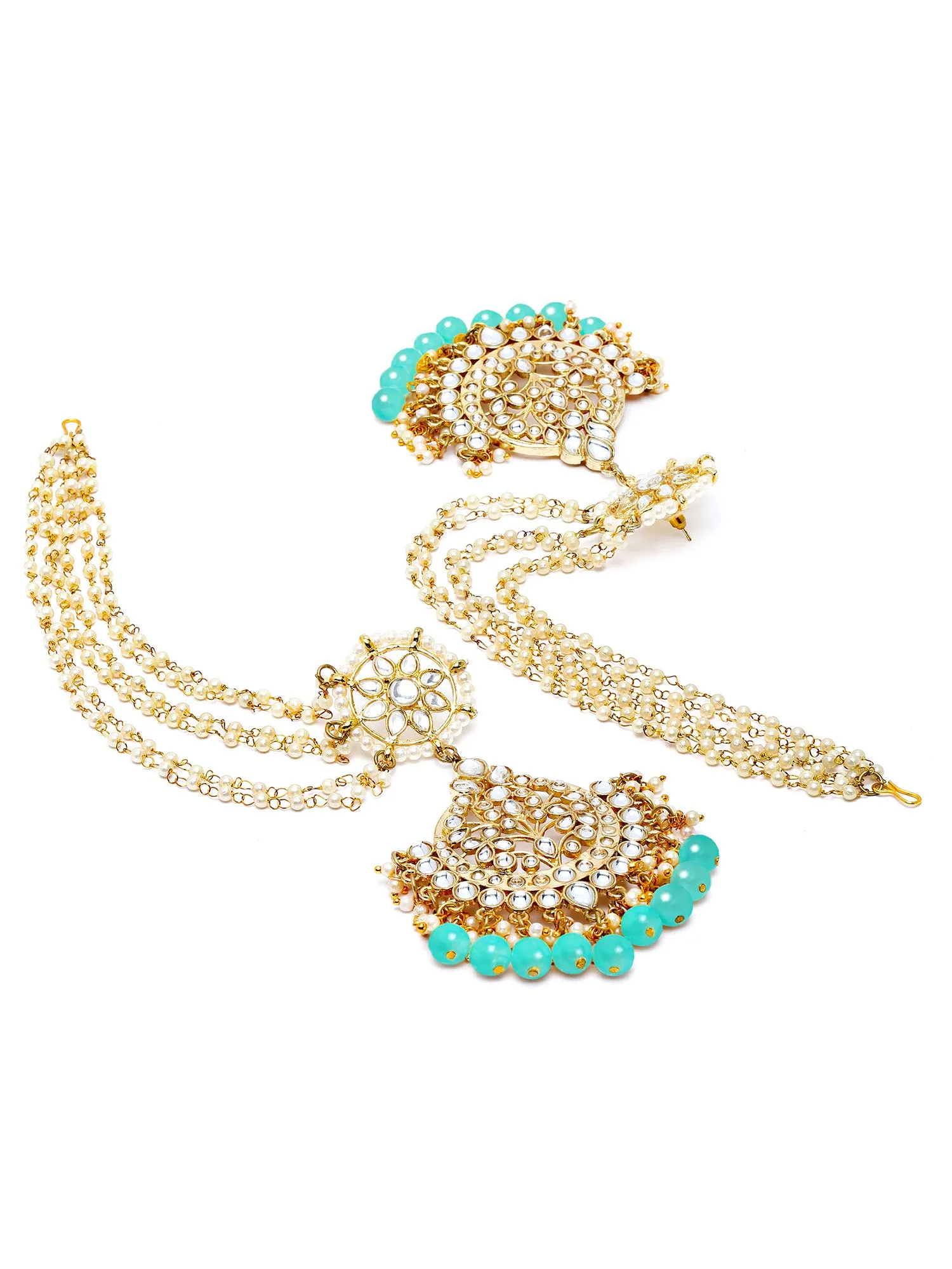 Karatcart Gold Plated Light Blue Beads Kundan Kaanchain Earrings for Women