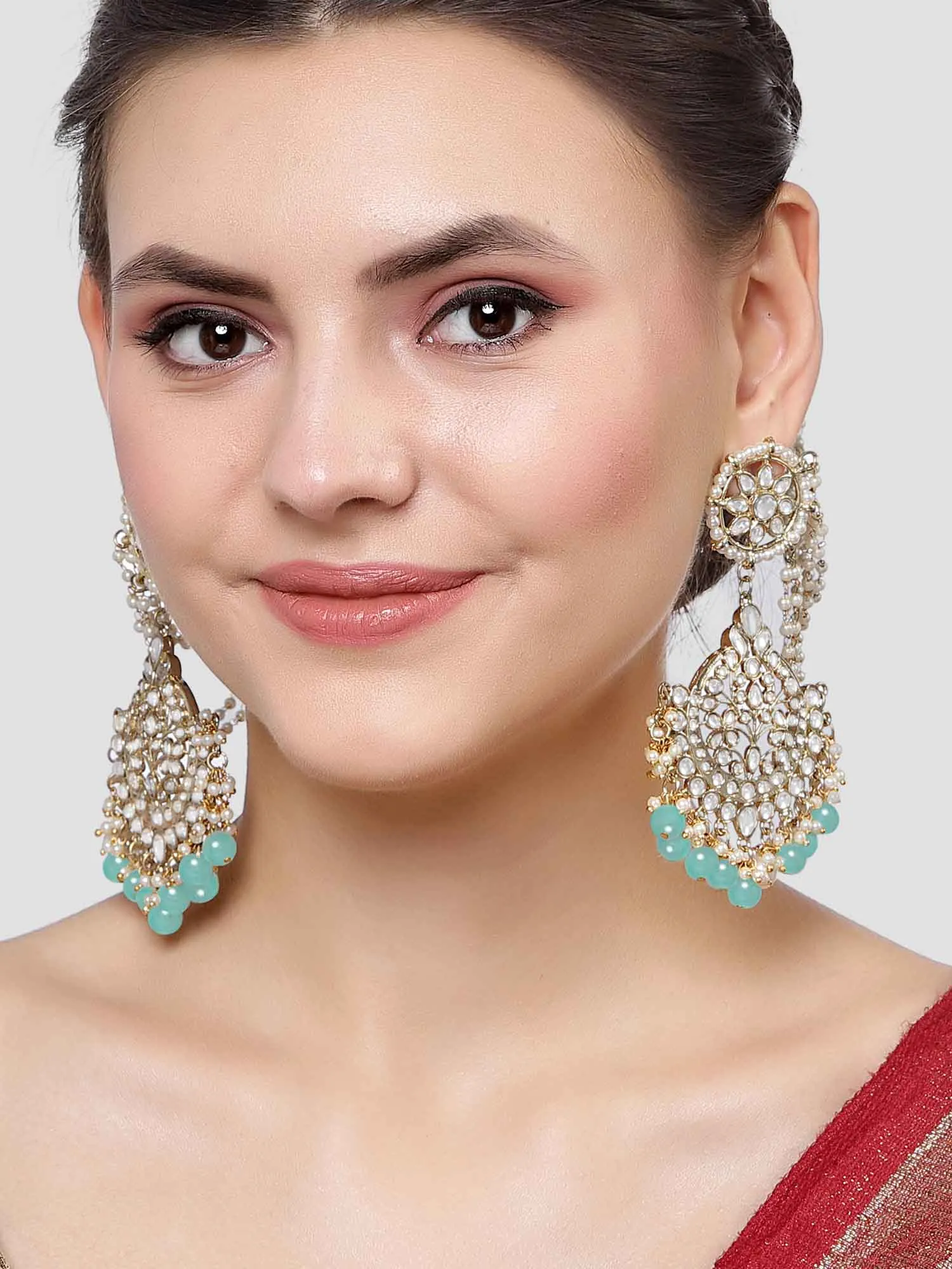 Karatcart Gold Plated Light Blue Beads Kundan Kaanchain Earrings for Women