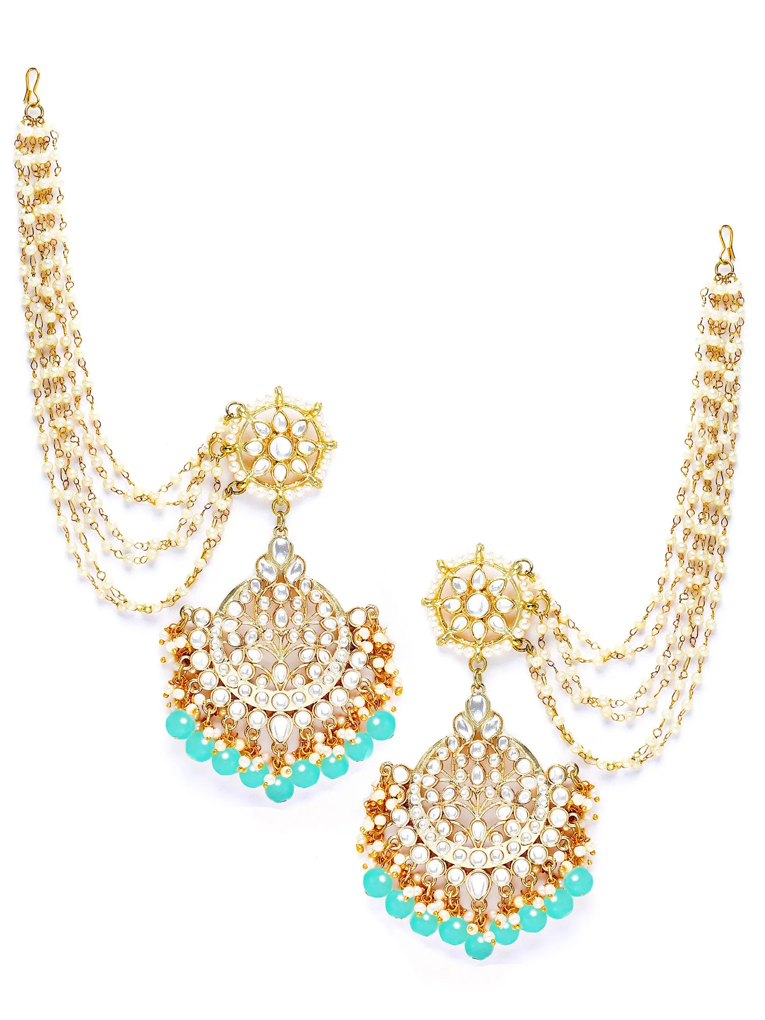 Karatcart Gold Plated Light Blue Beads Kundan Kaanchain Earrings for Women