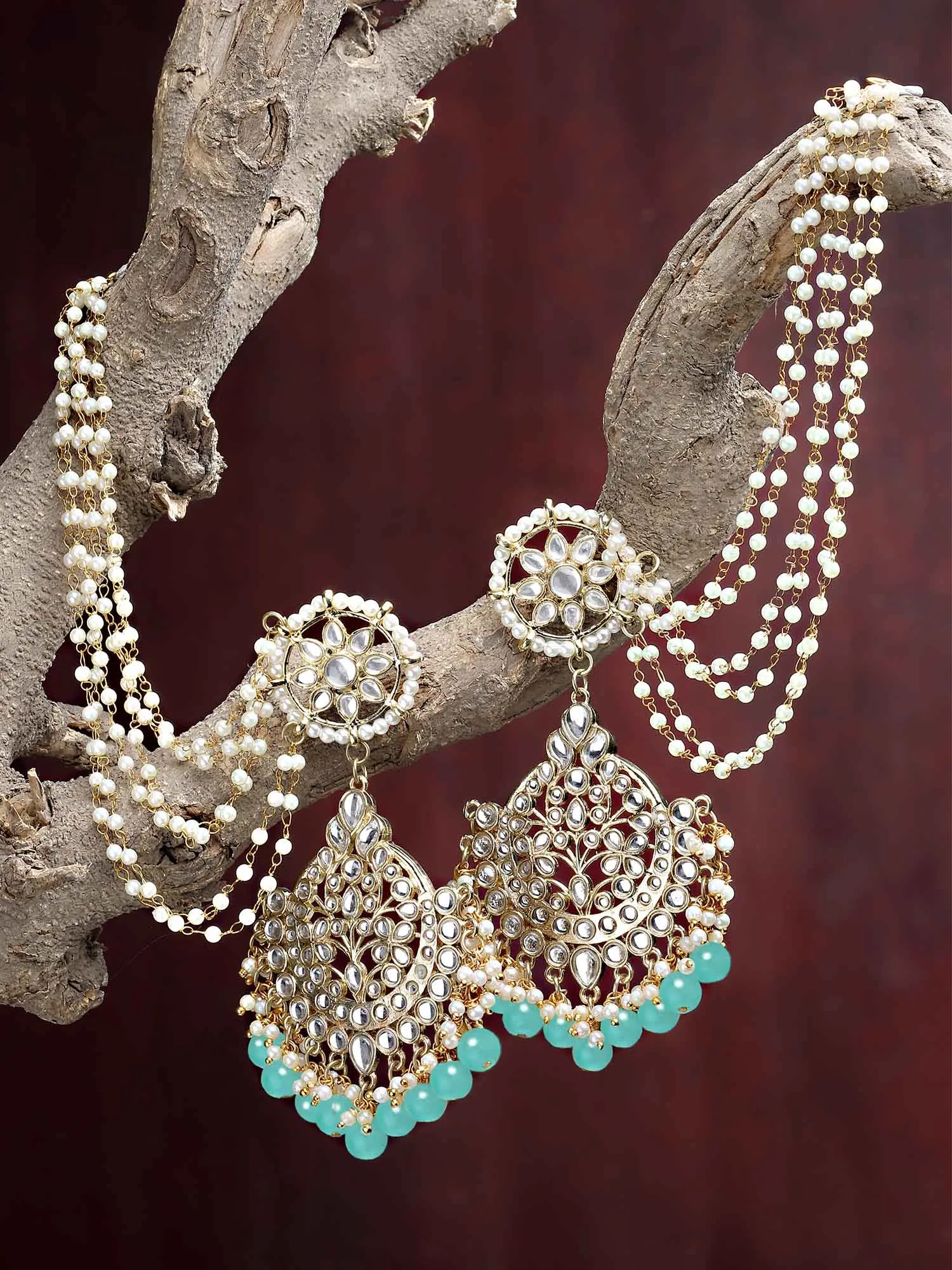 Karatcart Gold Plated Light Blue Beads Kundan Kaanchain Earrings for Women