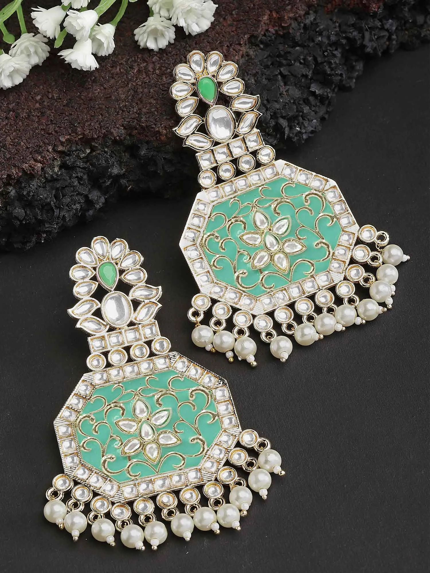 Karatcart Gold Plated Light Blue Meena Kundan Dangler Earrings for Women