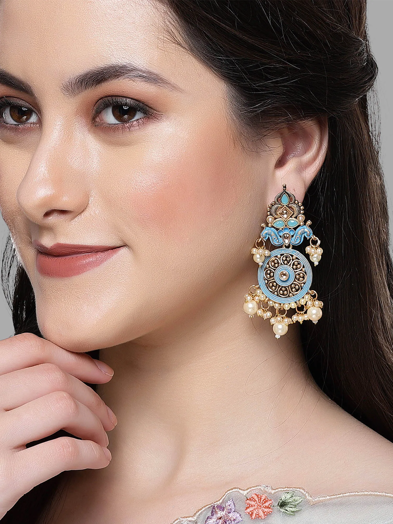 Karatcart Gold Plated Light Blue Meena Kundan Dangler Earrings for Women